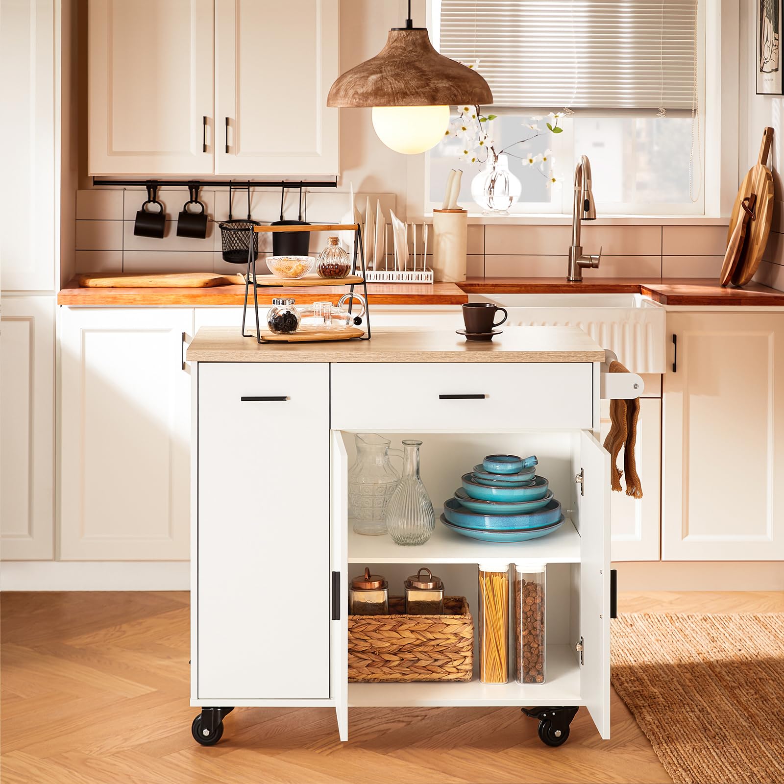 SoBuy Carrello Cucina Isola Cucina con Ruote Mobile da Cucina Salvaspazio con Cassetti, Penisola Cucina con Piano Lavoro - Mobile Cucina con Ruote Portatutto Bianco 105x46x92 cm FKW126-WN