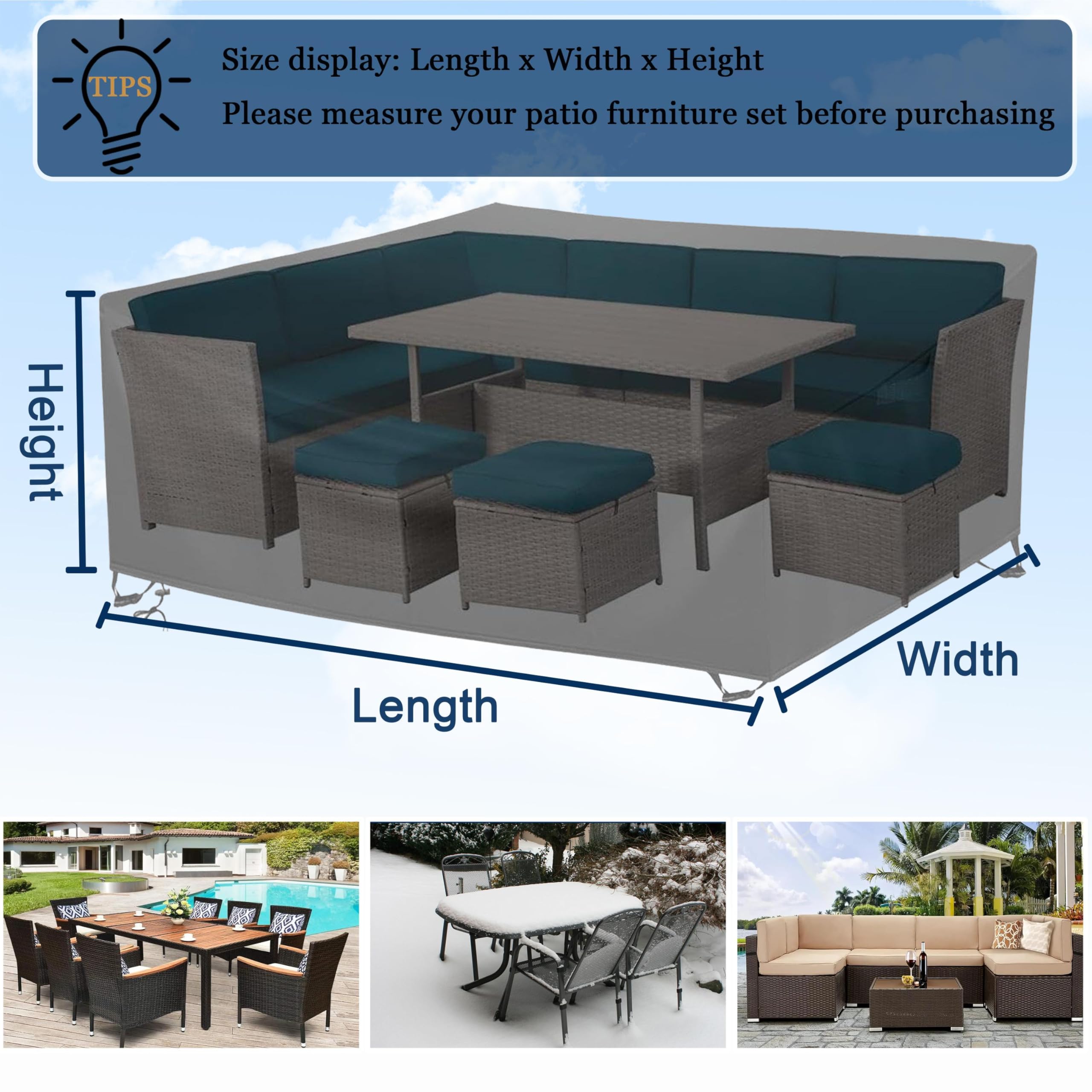 Wasserdicht Gartenmöbel Abdeckung 330x215x85cm/LxWxH Wetterfest Winddicht Anti-UV 420d Oxford Gewebe Abdeckplane Loungemöbel für Gartensofas,Gartentisch Sitzgruppe Abdeckhauben für Möbelsets