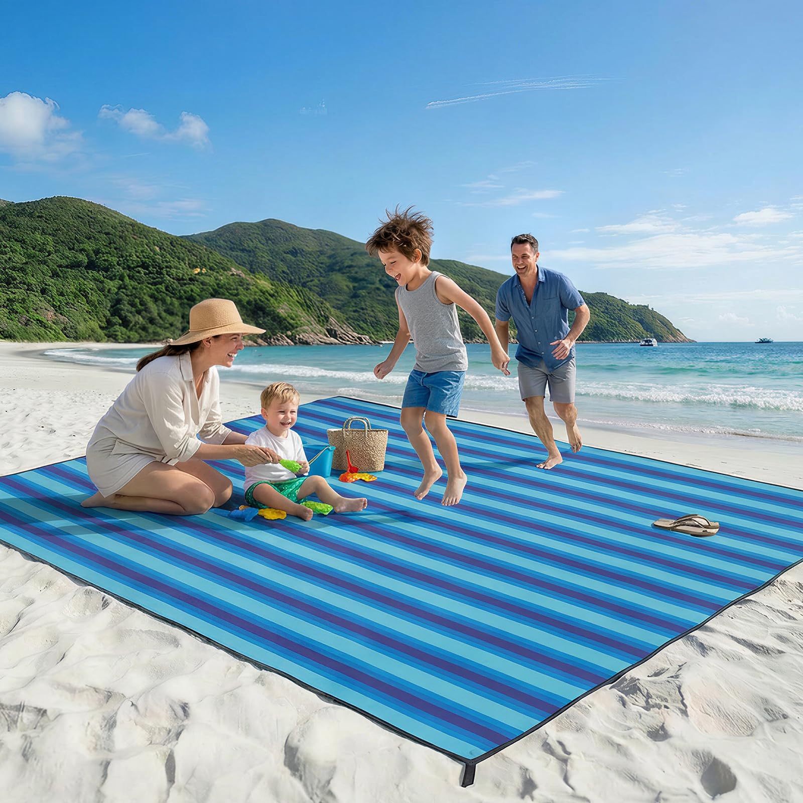 Picknickdecke XXL Wasserdicht Faltbar 304 x 304 cm, Sandfest Beachdecke Kompakt Waschbar Picknickmatte mit Karabiner& 6 Heringe, für Beach, Camping, Garten, Wandern, Blaue Streifen