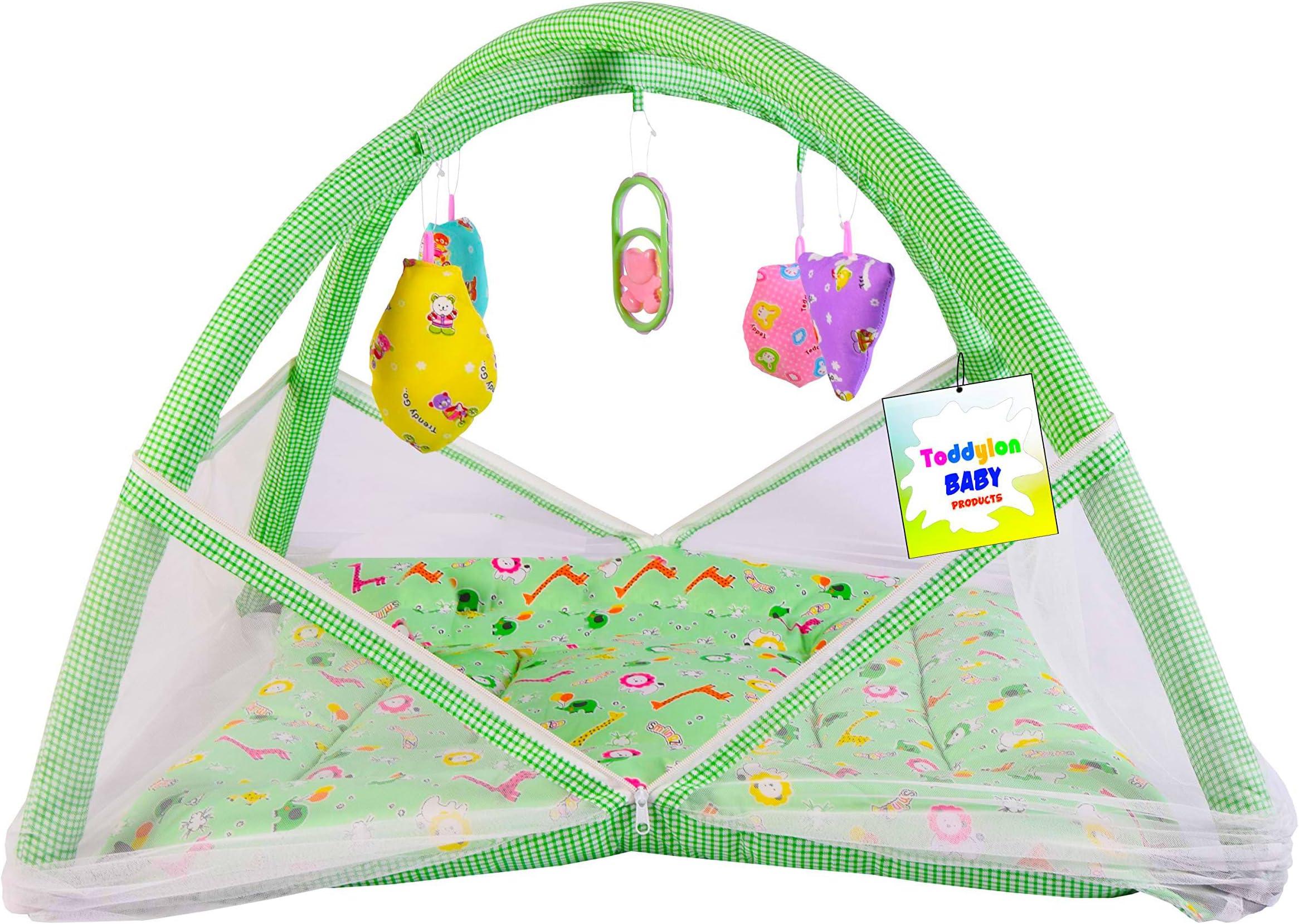 Baby Play Gym New Born Baby Bedding|Mat with Hanging Toys|Mattress with Mosquito Net|Cotton Playing Mat|Playmats & Floor Gyms (0-6 Months) Green,1 Count