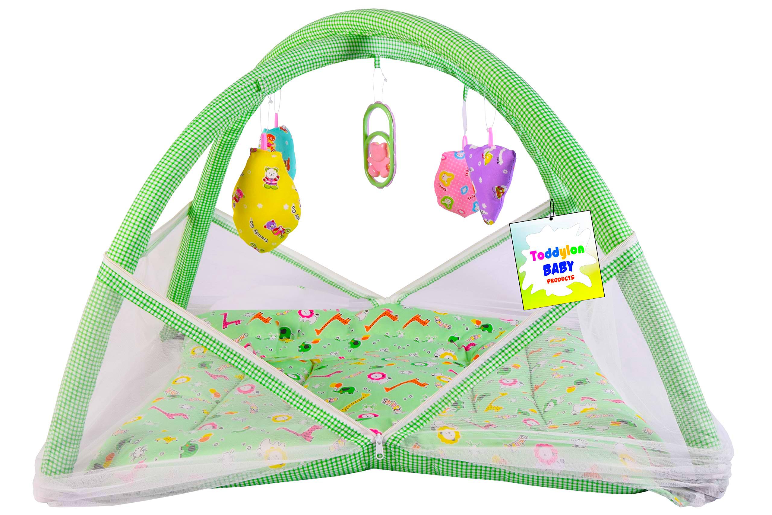 Baby Play Gym New Born Baby Bedding|Mat with Hanging Toys|Mattress with Mosquito Net|Cotton Playing Mat|Playmats & Floor Gyms (0-6 Months) Green,1 Count