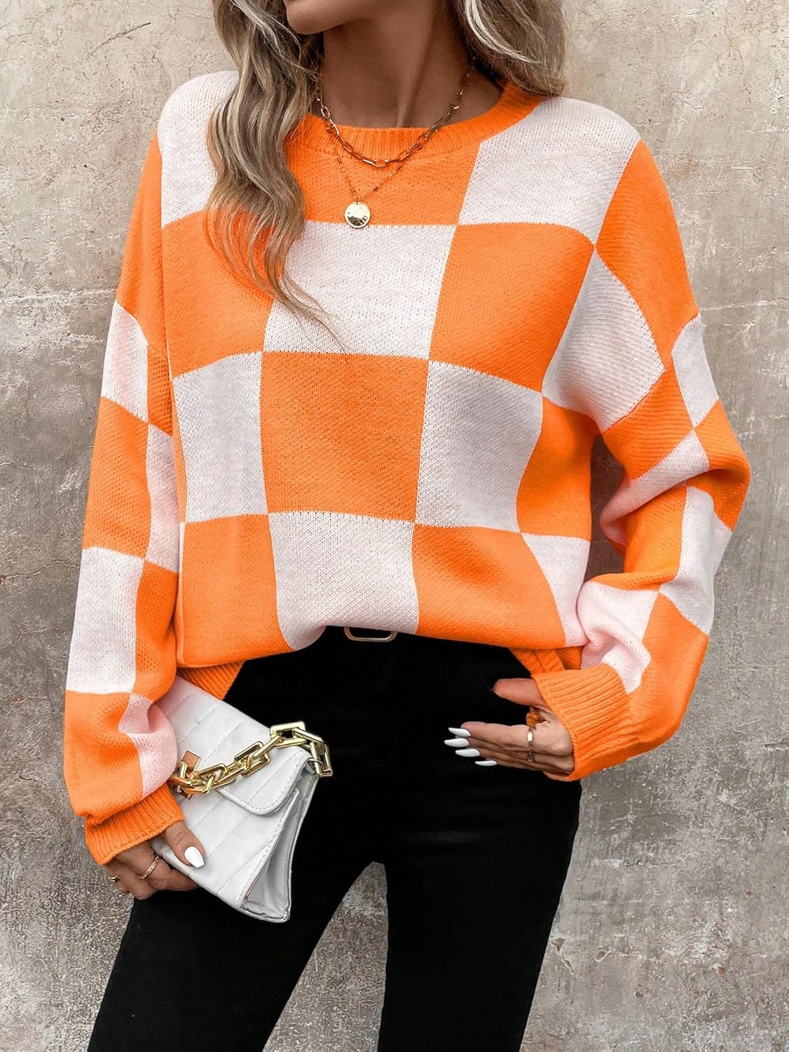 GORGLITTER Women's Argyle Checkered Sweater Plaid Long Sleeve Fall Knit Sweater Pullover Tops - Image 3