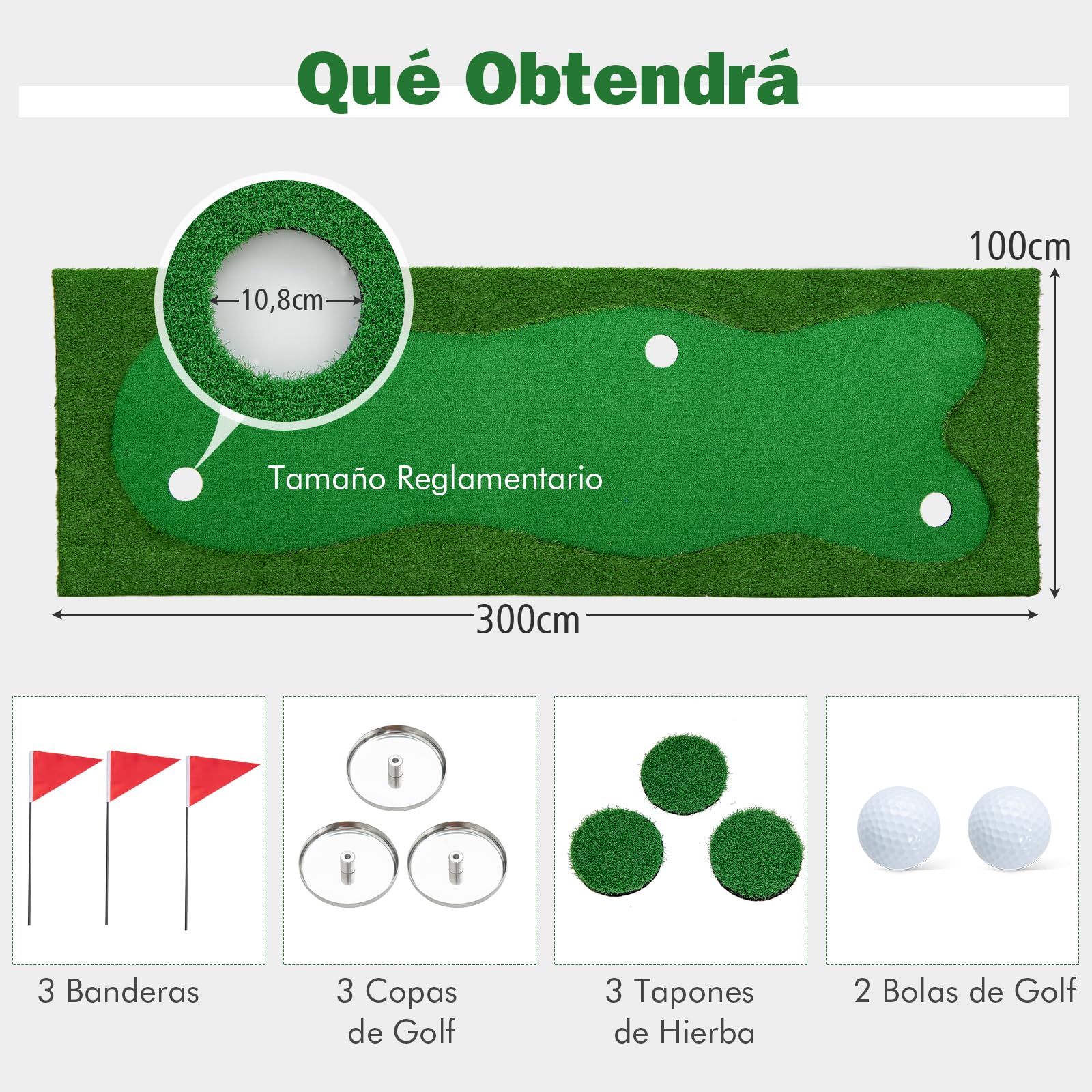 COSTWAY Alfombra de Putting de Golf 300x100 cm 3 Hoyos Banderas Tazas