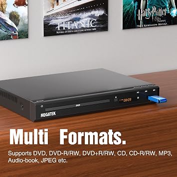 MEGATEK Region-Free DVD Player for TV with HDMI & 1080P Upscaling | CD/DVD/USB Playback, Compact Metal Housing, Coaxial Audio, LED Display, Remote & HDMI/AV Cables Included