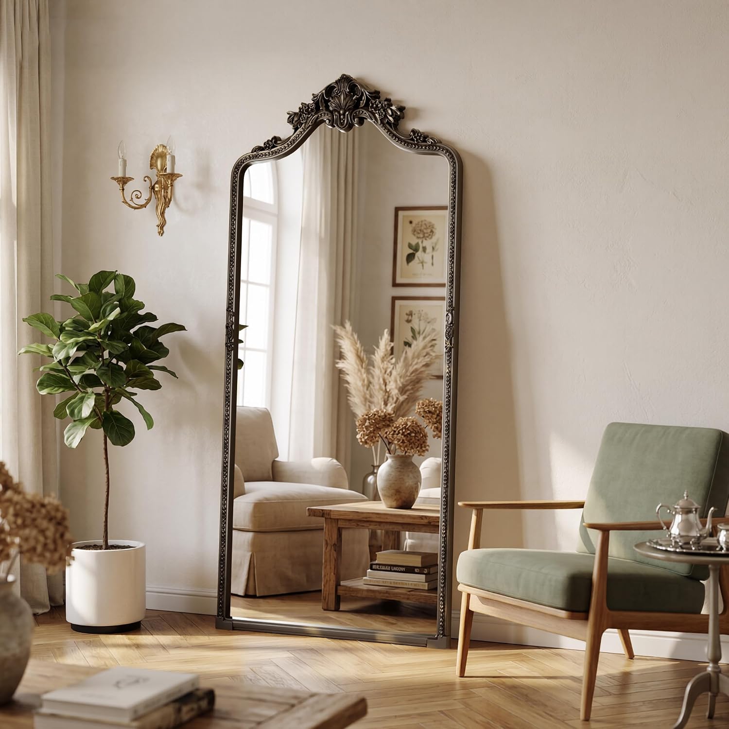 Bronze Arched Full Length Mirror, 32"x71" Traditional Vintage Ornate Baroque Floor Mirror with Carved, Home Decor for Bedroom Living Room Entryway Hallway