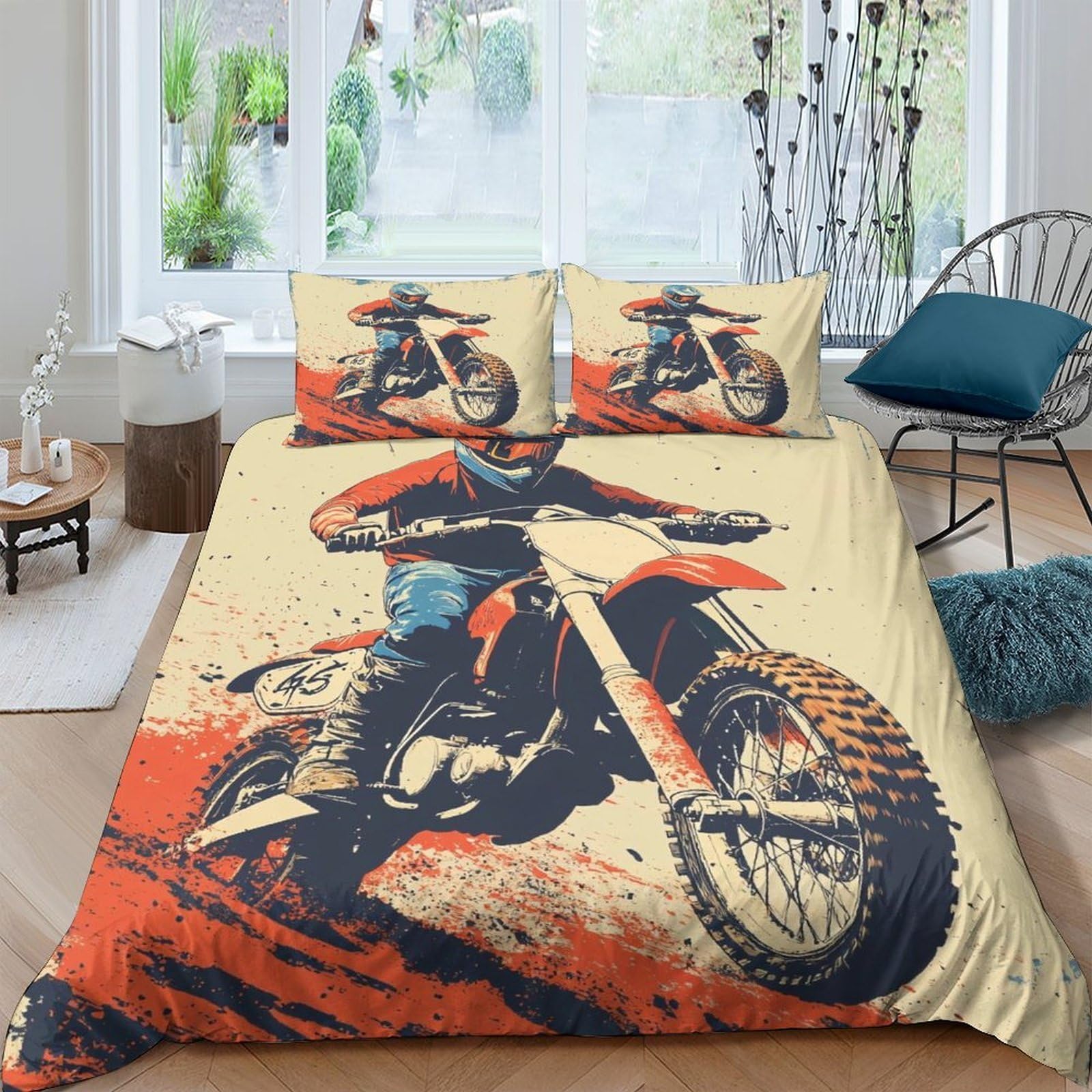 UNRXJZLVM Motocross 3D Duvet Cover Microfiber Bedding Teen Room