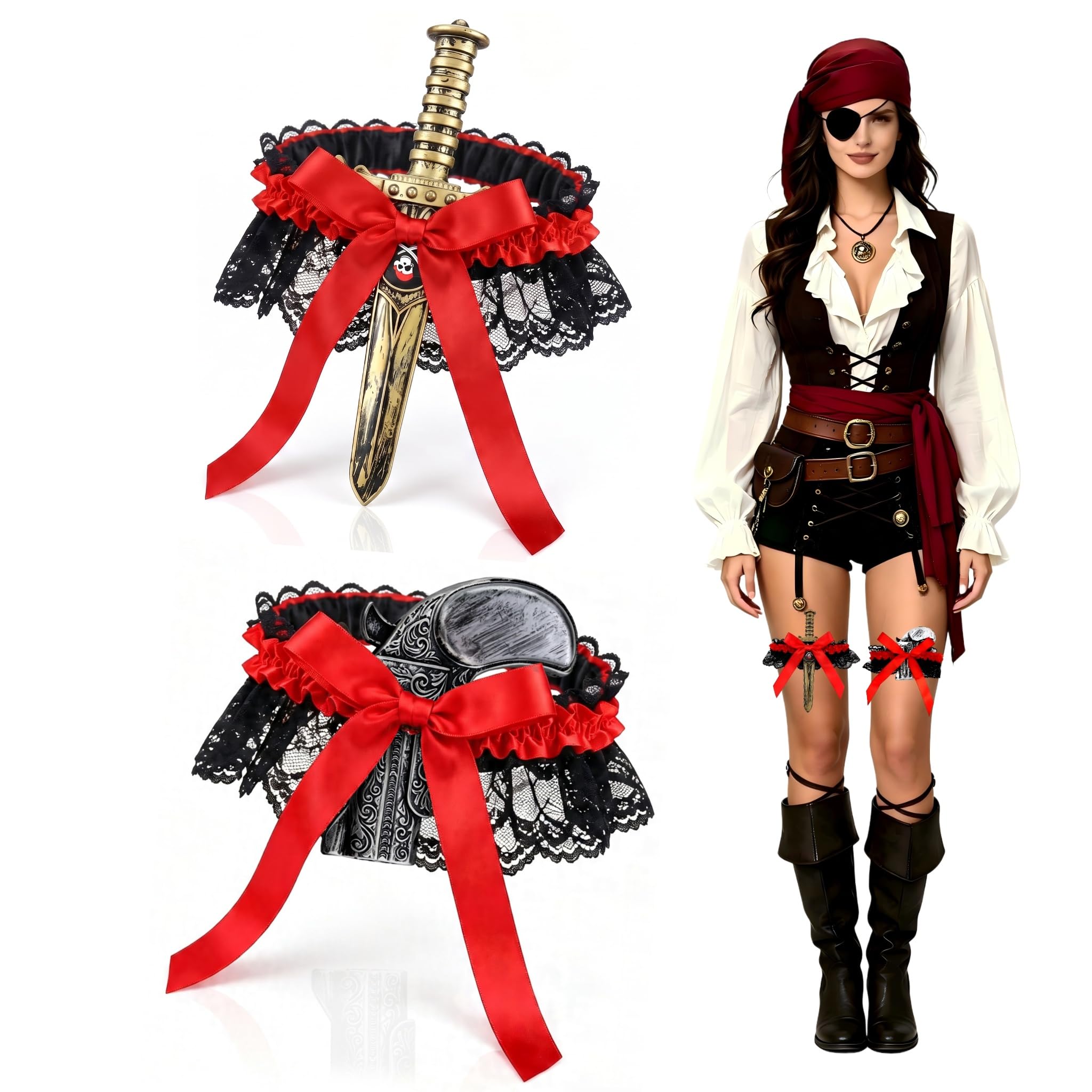 Pirate Costume Women, 2 Pack Black Lace Thigh Garter, Fake Plastic Sword Dagger Toy Gun Prop, Red Bow Decor, Sexy Adult Outfit Accessory, Halloween Carnival Cosplay, Stage Party Fancy Dress Props