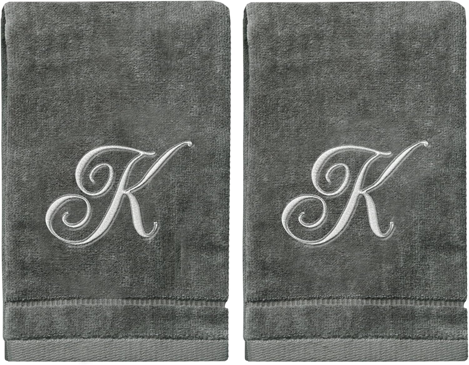 Monogrammed Towels Fingertip, Personalized Gift, 11 x 18 Inches - Set of 2- Silver Embroidered Towel - Extra Absorbent 100% Cotton- Soft Velour Finish - For Bathroom/ Kitchen/ Spa- Initial K (Gray)