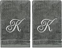 Monogrammed Fingertip Towels Set of 2 - Personalized Silver Embroidered Initial K Gray, 100% Cotton Absorbent Velour, 11x18 Bathroom Kitchen Spa Gift