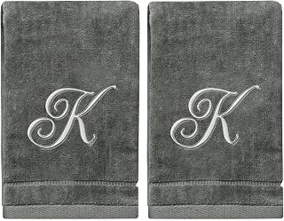 Monogrammed Fingertip Towels Set of 2 - Personalized Silver Embroidered Initial K Gray, 100% Cotton Absorbent Velour, 11x18 Bathroom Kitchen Spa Gift