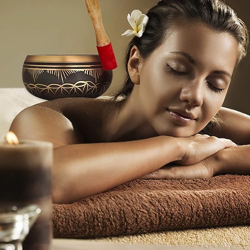 Miniatura 8 de Cuenco de 6 pulgadas con diseño de flor de la vida con mazo y cojín. Cuencos tibetanos con sonido para curación de energía, atención plena, puesta a