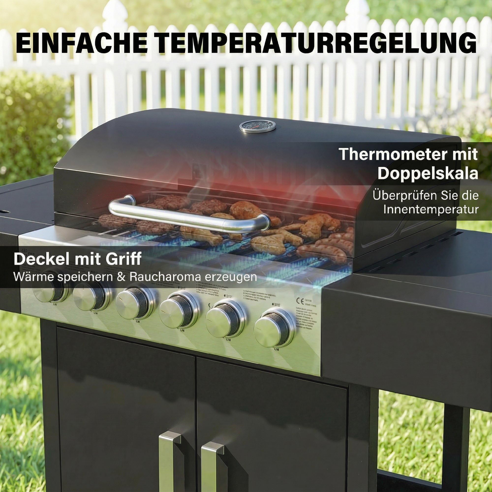 Outsunny Gasgrill 17,8 KW 6+1 Brenner BBQ Grillwagen aus Edelstahl inkl Rolle Seitenbrenner Thermometer Emaille-Grillrost Warmhalterost Seitentisch Unterschrank, Gas-Grill für Balkon BBQ Party