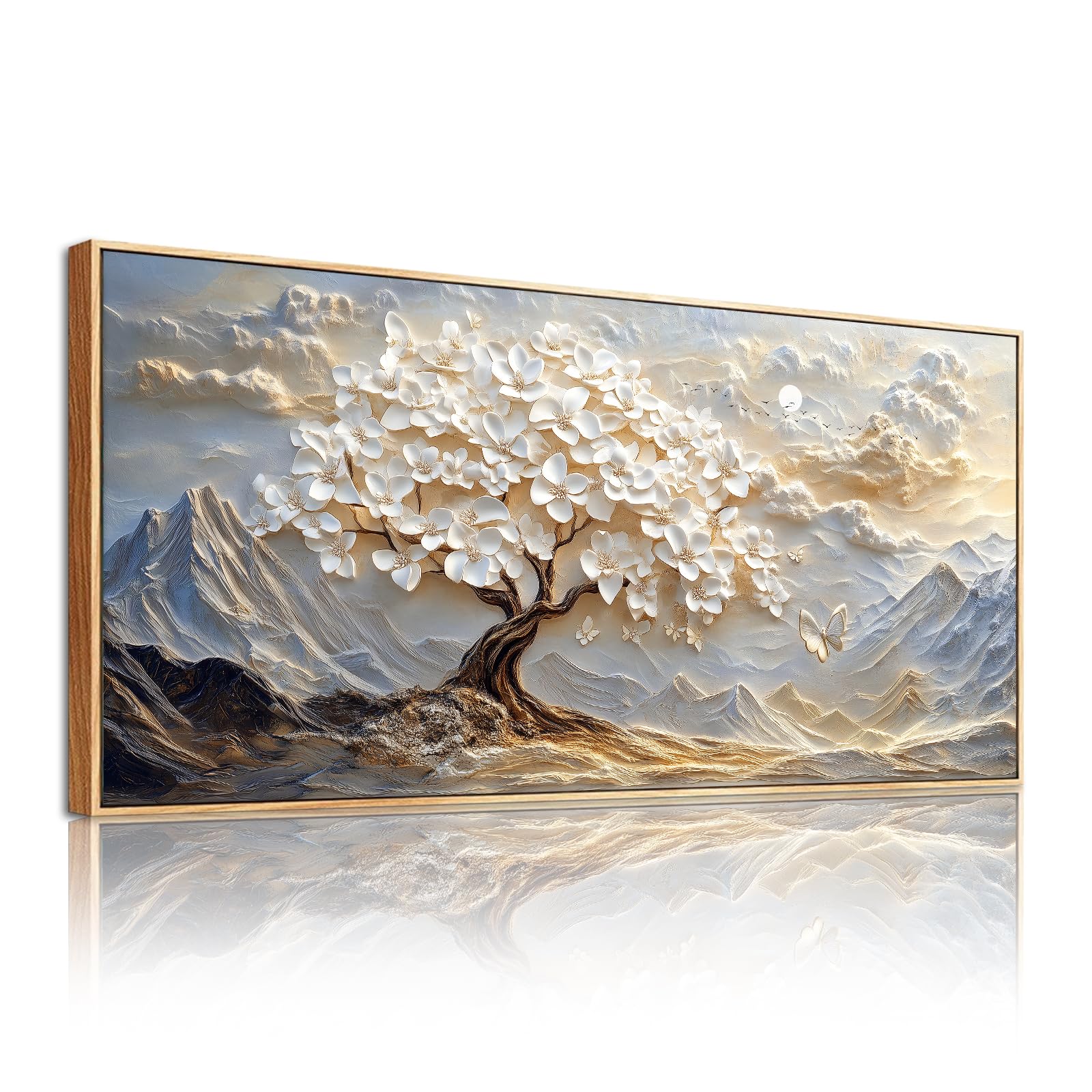SERIMINO Wandbilder Wohnzimmer Groß, Weiß Baum des Lebens Leinwand Bilder mit Rahmen, Aesthetic Botanische GemäLde, Modern Berge Wanddekoration für Lobby Flur Schlafzimmer Esszimmer Büro 73x146 cm