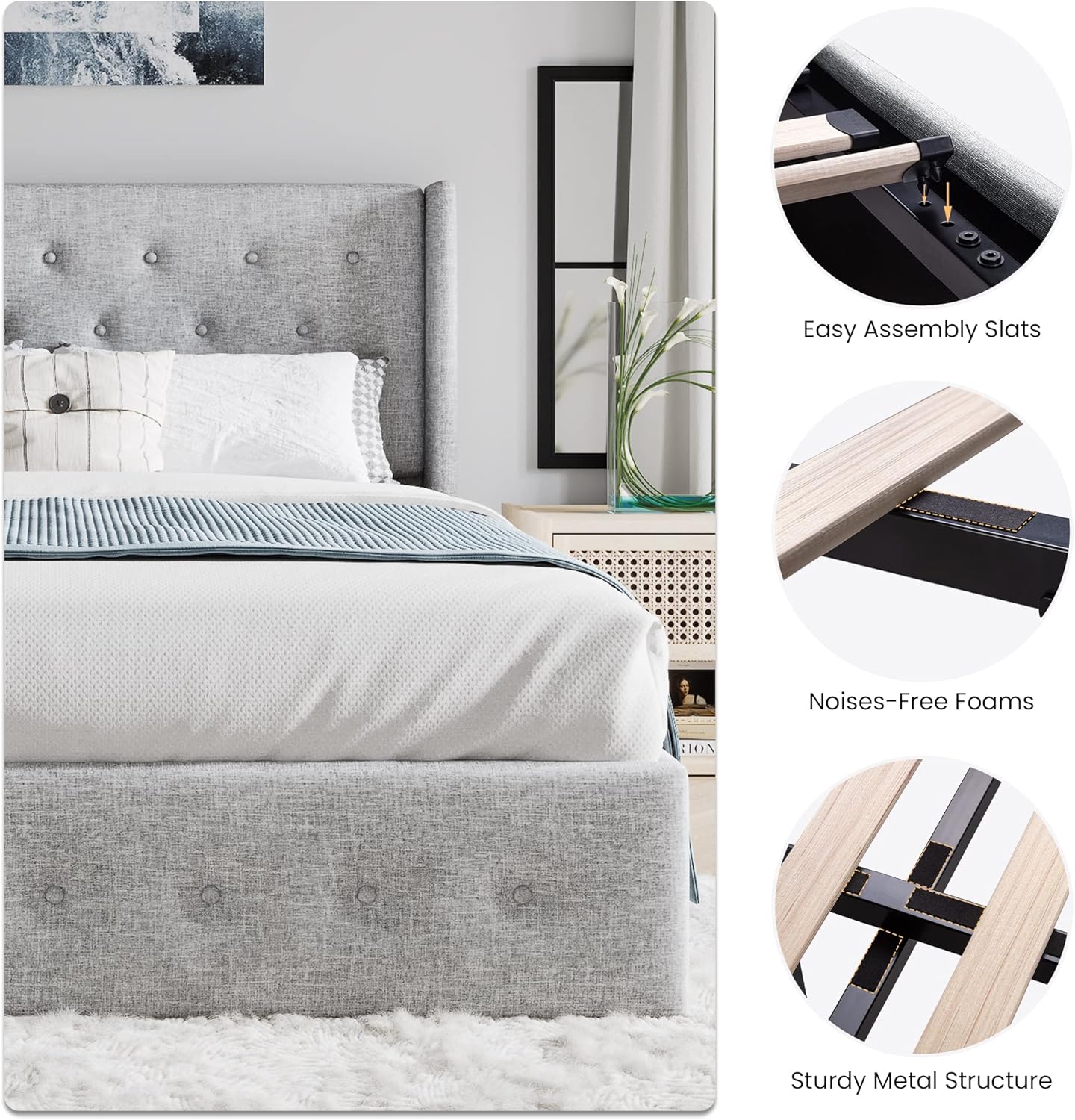 SHA CERLIN King Size Lift Up Storage Bed Frame,Button Tufted Wingback Headboard,Upholstered Platform,Hydraulic Storage,Wooden Slat Support,No Box Spring,Light Grey