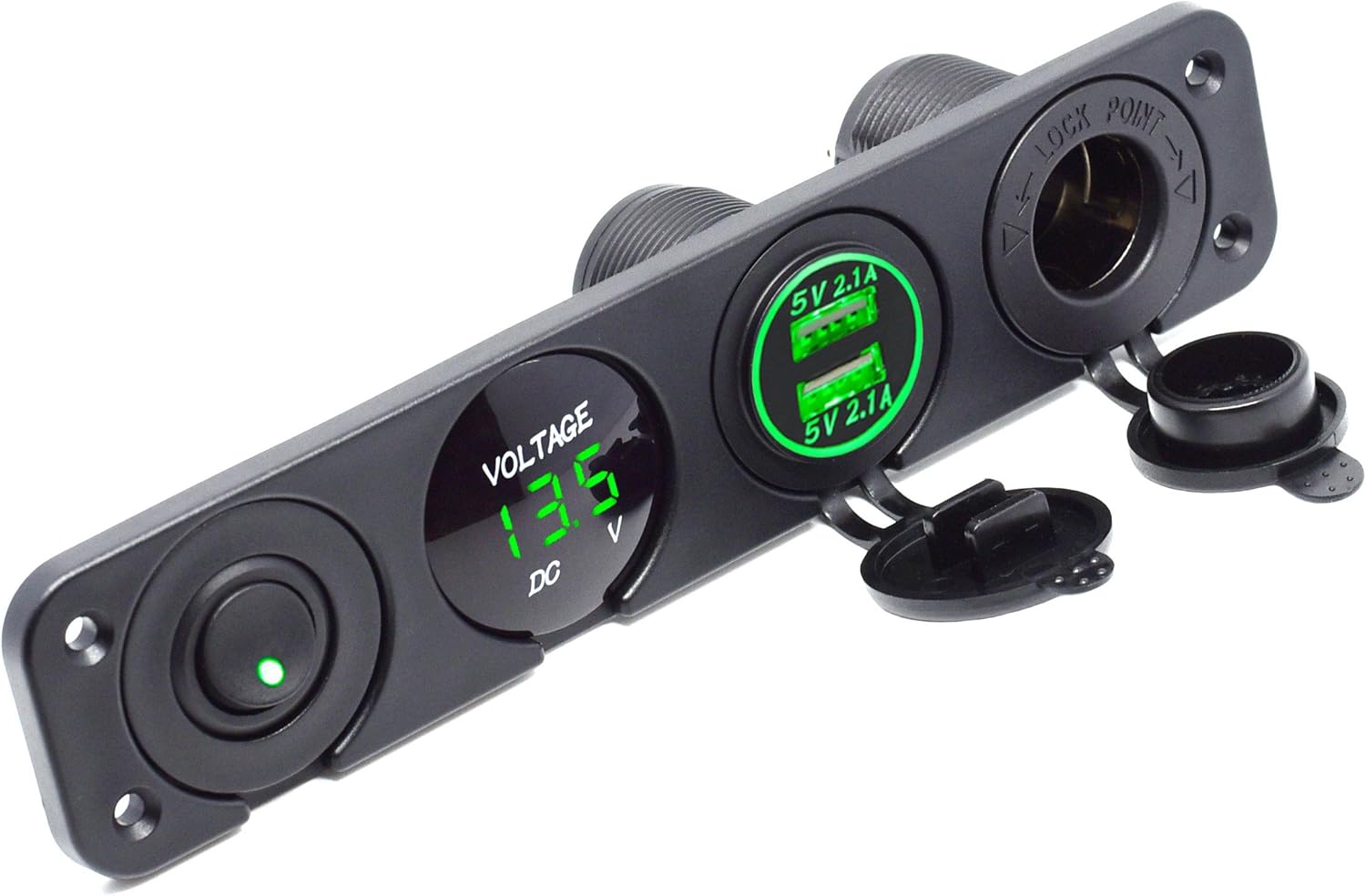 Cllena Dual USB Socket Charger 4.2A + 12V Power Outlet + LED Voltmeter + ON-Off Toggle Switch 4 in 1 Functions Panel for Car Marine Boat Rv ATV UTV Truck Camper (Green)