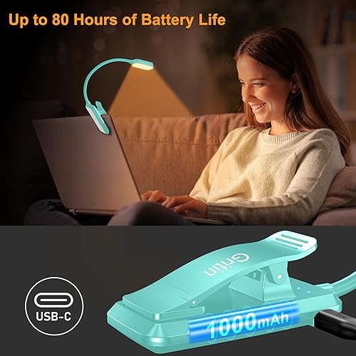 Miniatura 55 de Gritin Luz de libro recargable de 16 LED para leer en la cama, cuidado de los ojos, 3 temperaturas de color, brillo de atenuación continua, 80 horas
