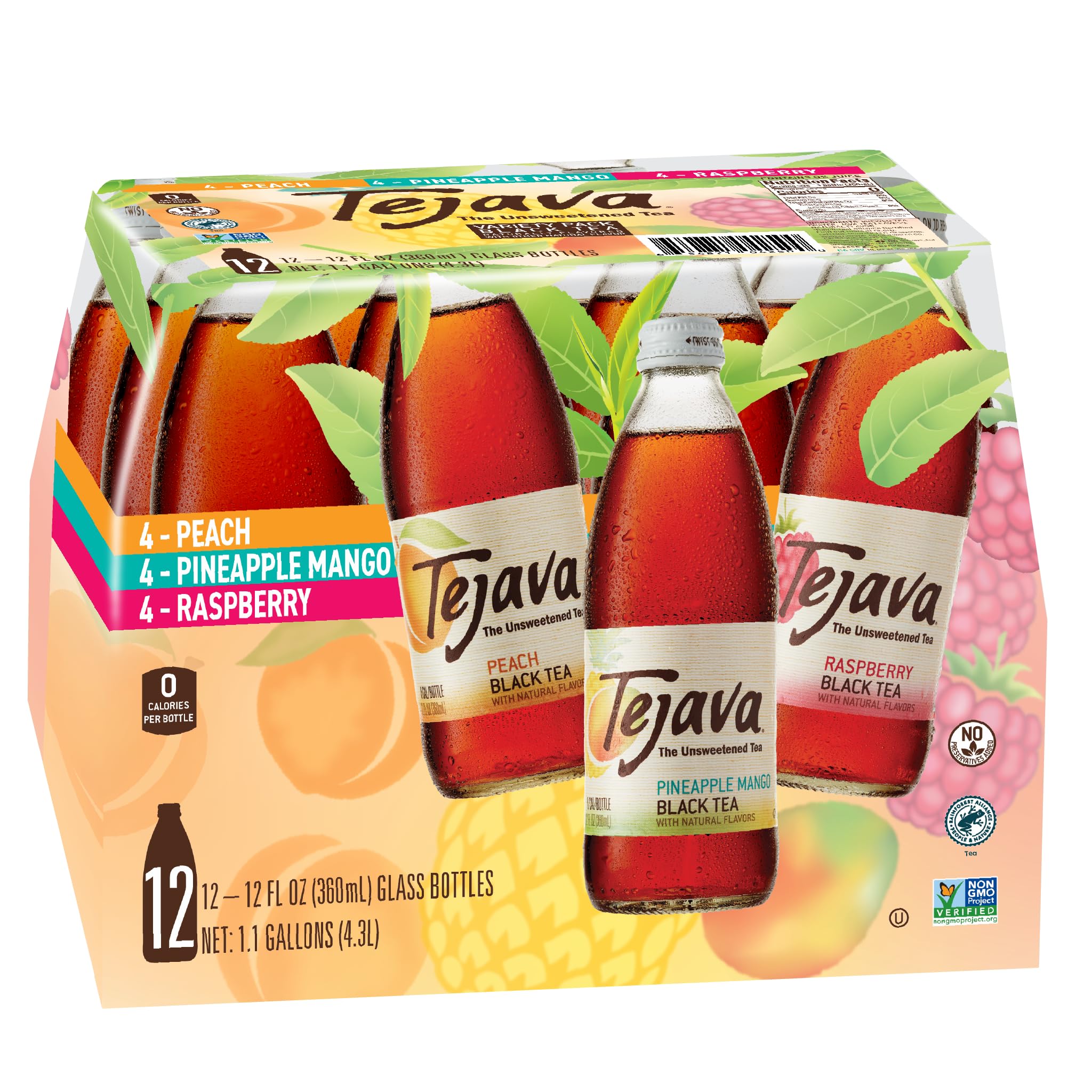 Tejava Black Tea Sampler, 12 ounce (12-Pack) Glass, Unsweetened, Peach, Raspberry and Pineapple-Mango, Ready-to-Drink Premium Iced Tea