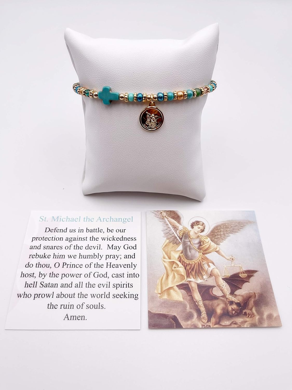 SIFRIMANIA Saint Michael Bead Adjustable Bracelet for Women, Protection Cross Religious Medal - Image 2
