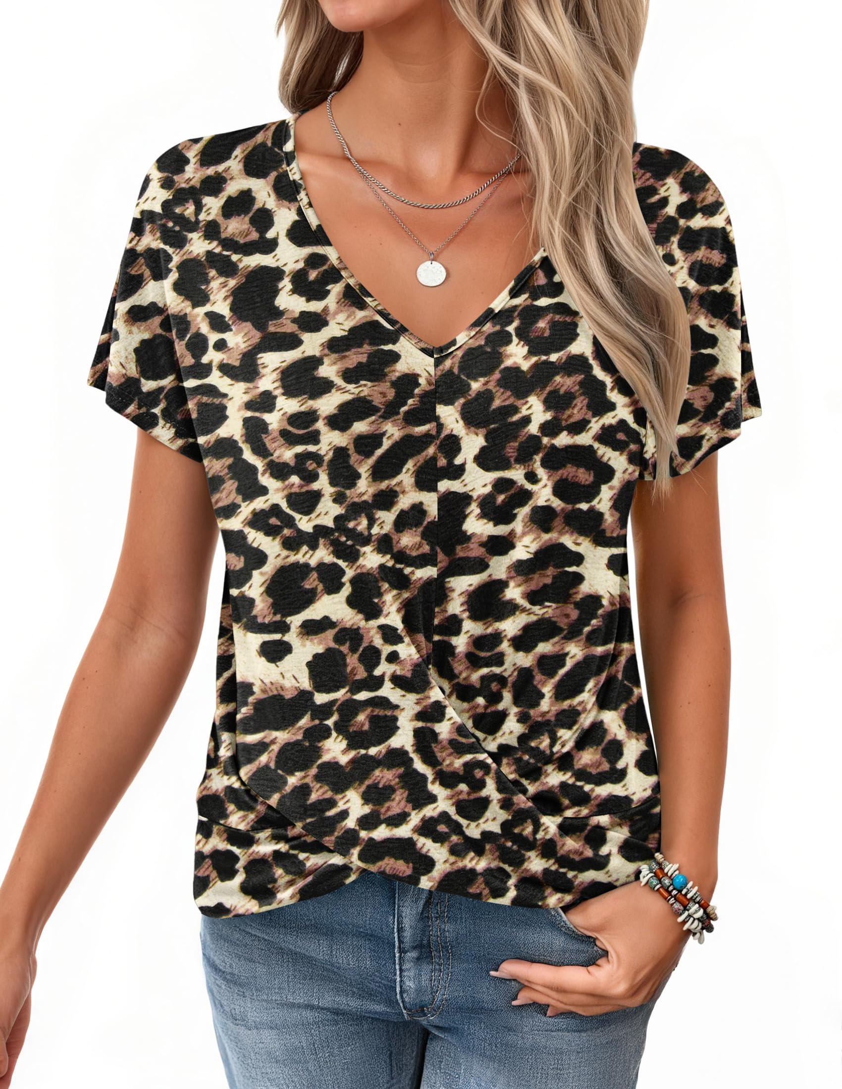 WNEEDU Tshirt Damen Sommer-V Ausschnitt Kurzarm T-Shirt Damen Elegant Twist Front Oberteile Bluse Basic Top lässige