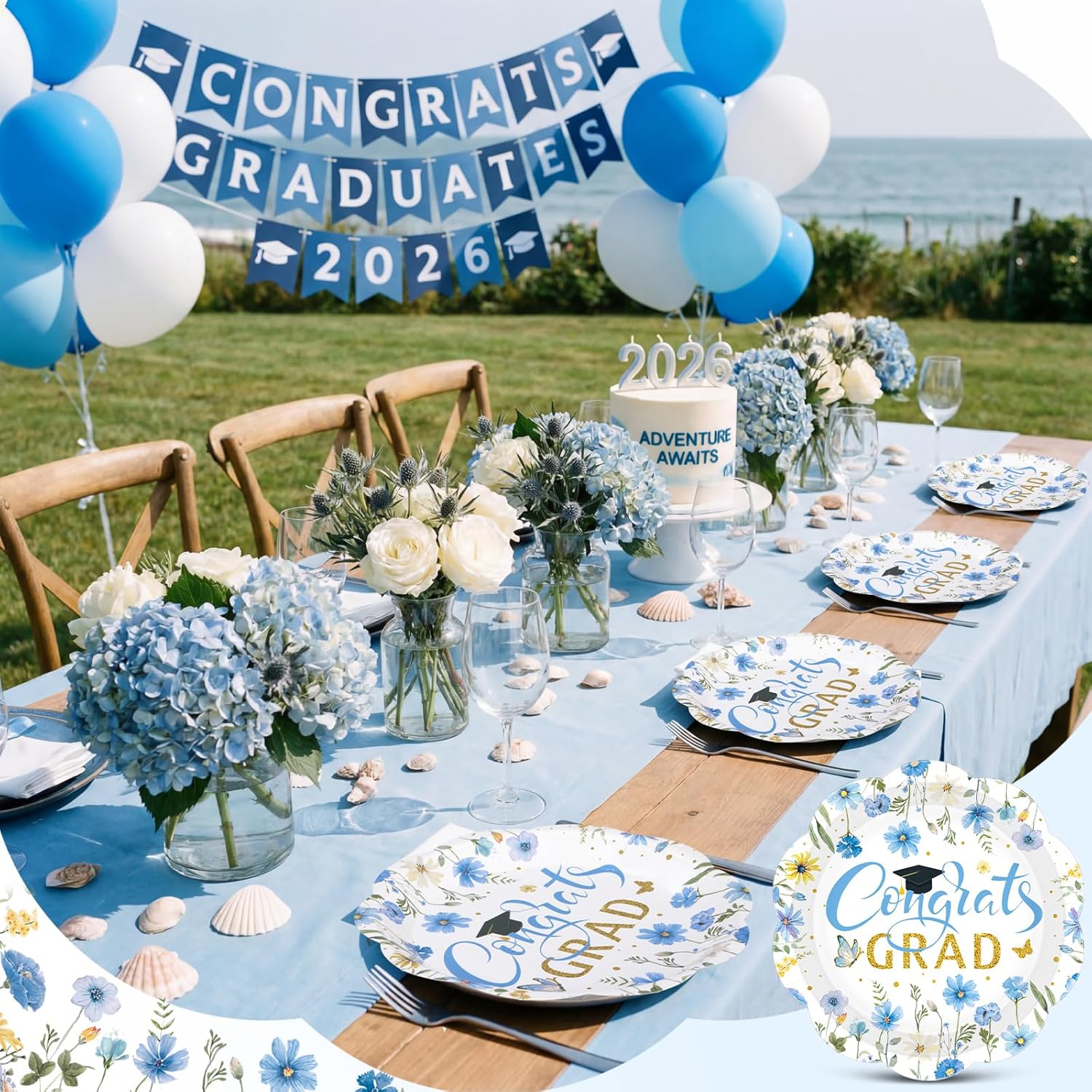 Funnymoom 100 Pcs Graduation Party Supplies Class of 2026 Graduation Paper Plate Napkin Cup Floral Cutlery Congrats Grad Disposable Wildflower Tableware Set for Congrats Grad Party Decorations