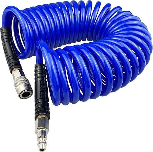 Darnassus Manguera de aire de poliuretano de retroceso, 14" de diámetro interior, 25 pies azul con restrictor de curvatura y acoplador rápido