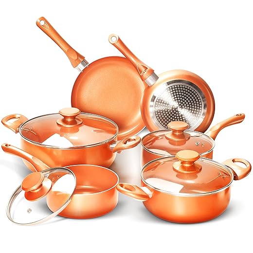 FRUITEAM 6-piece Nonstick Kitchen Cookware Set, Ceramic Coating Cooking Pot and Pans Set, Stock Pot/Milk Pot/Frying Pans Set, Copper Aluminum Pan with Lid, Induction/Gas Kitchenware Set