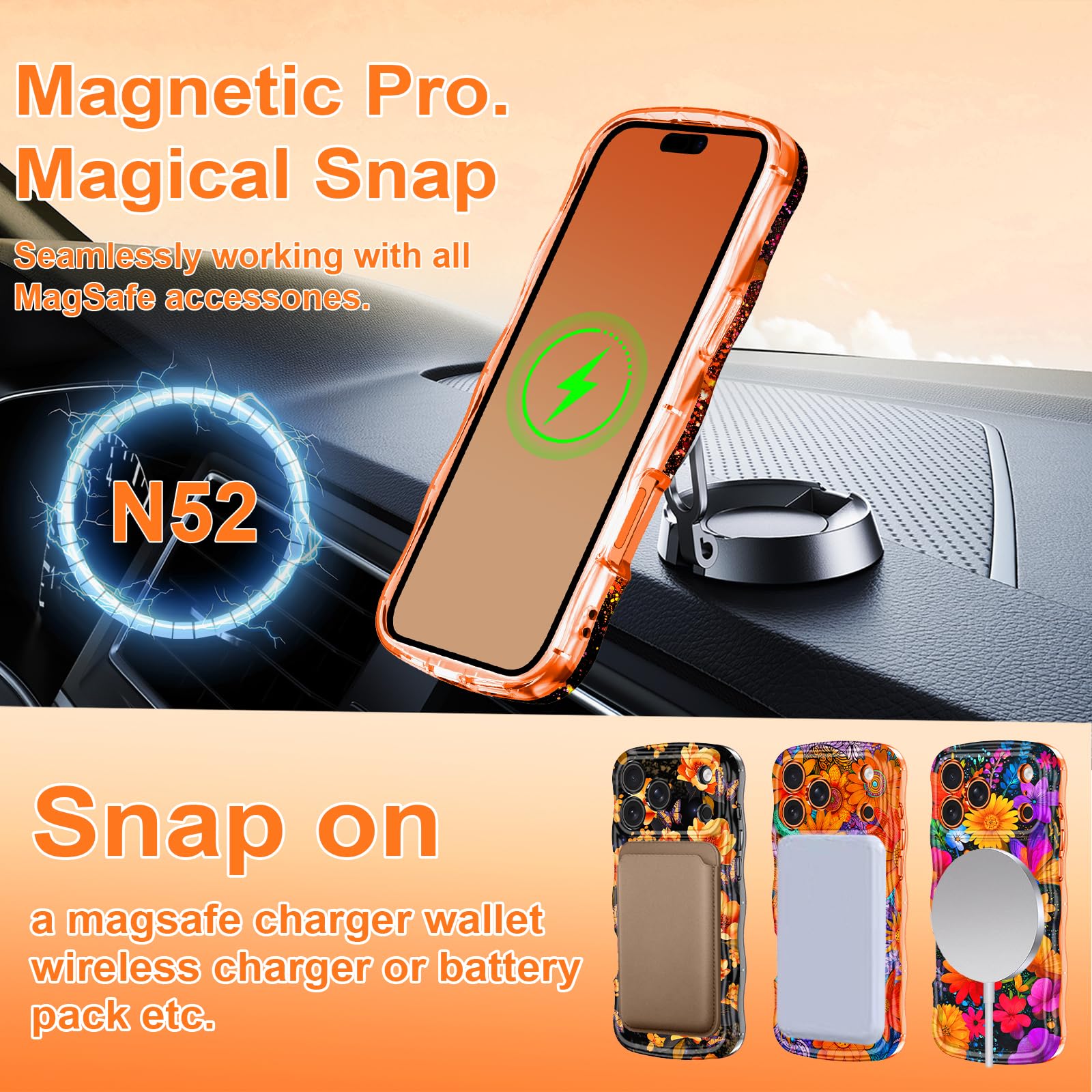 Meshine Custodia per iPhone 17 Pro Max con supporto magnetico, compatibile con MagSafe, cornice ondulata con grazioso design floreale, antiurto, protettiva per donne e ragazze, per iPhone 17 Pro Max
