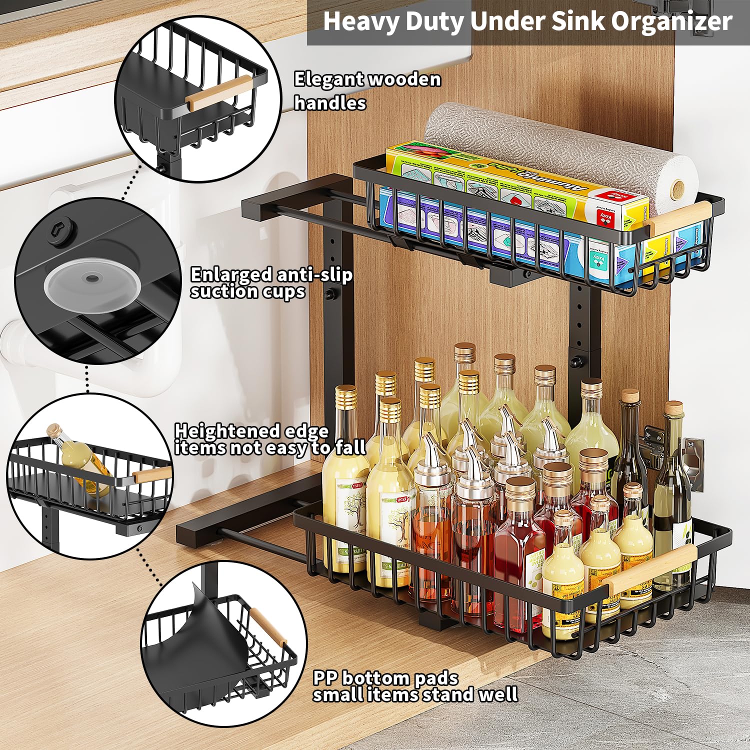 Organizador Bajo Fregadero 2 Niveles con Cajones Deslizantes 42.5cm Altura Regulable Estante Almacenamiento Debajo Fregadero Organizador Cocina Multifuncional Forma de L para Cocina, Baño