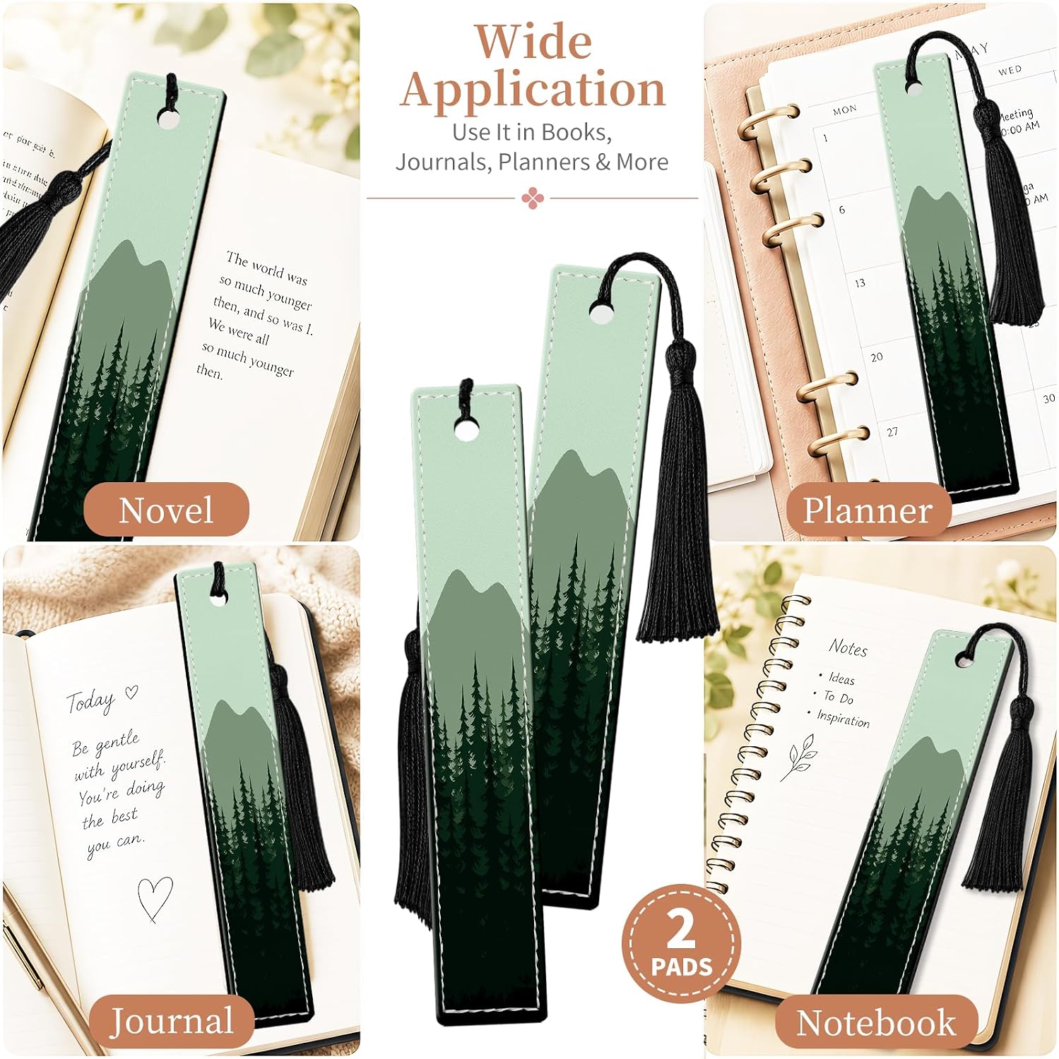 2 Pieces Leather Bookmarks with Tassel, Cute Bookmarks for Reading, Page Markers for Book Lovers, Readers, Book Marks for Men Women Dark Mountain image 2