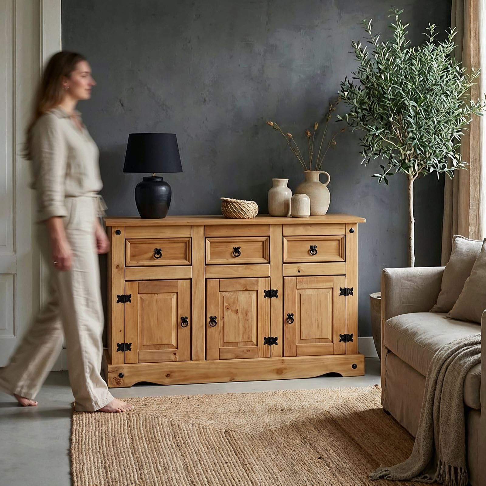 CARO-Möbel TV Rack Salsa 85 cm Regal TV Schrank Kiefer massiv im Mexiko Stil, gebeizt/gewachst, 2 Türen, 1 offenes Fach