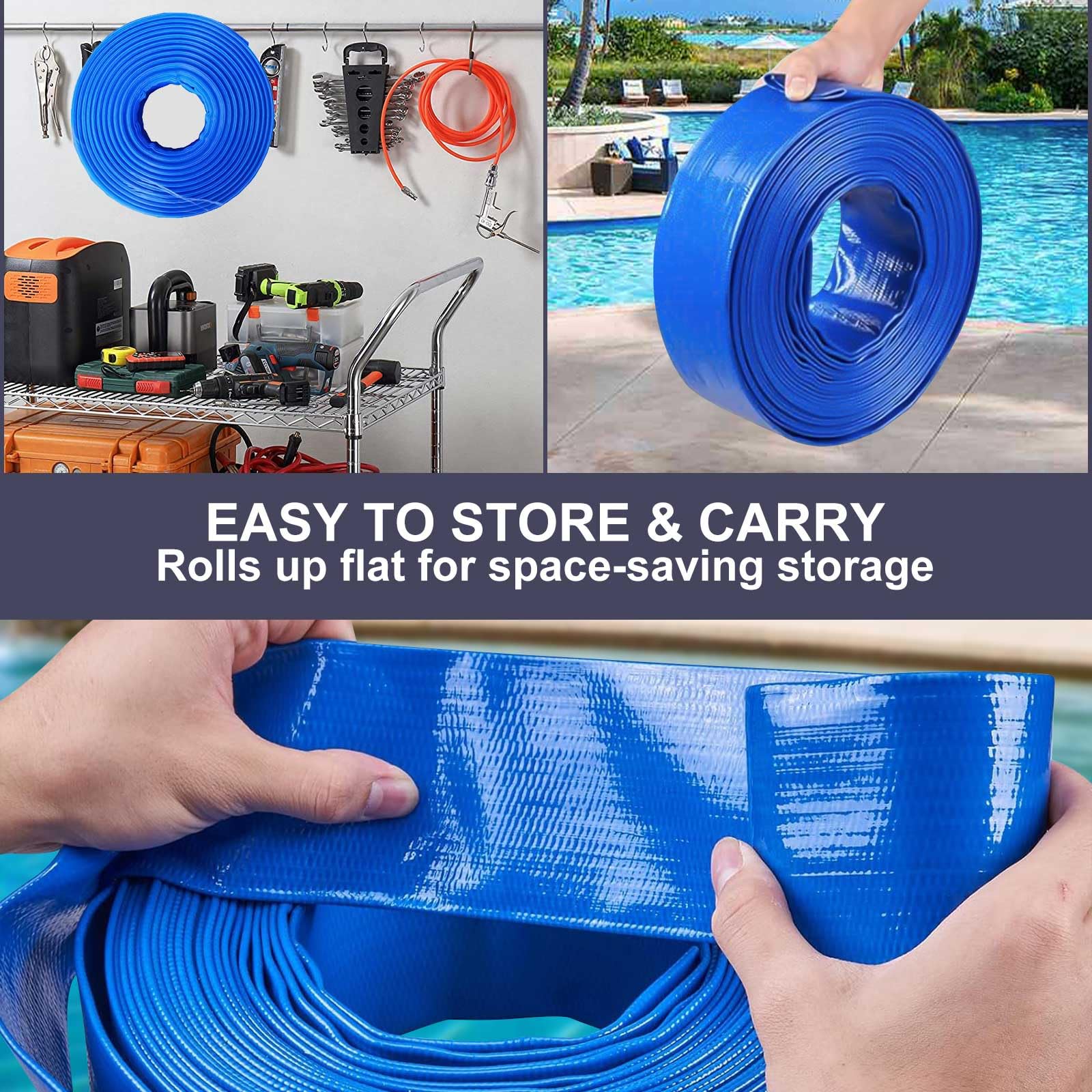 Layflat Hose - Manguera plana de 20 m con 2 clips circulares, manguera de descarga de PVC resistente, manguera de retrolavado para piscina, inundaciones, irrigación, bañera de hidromasaje (1.5