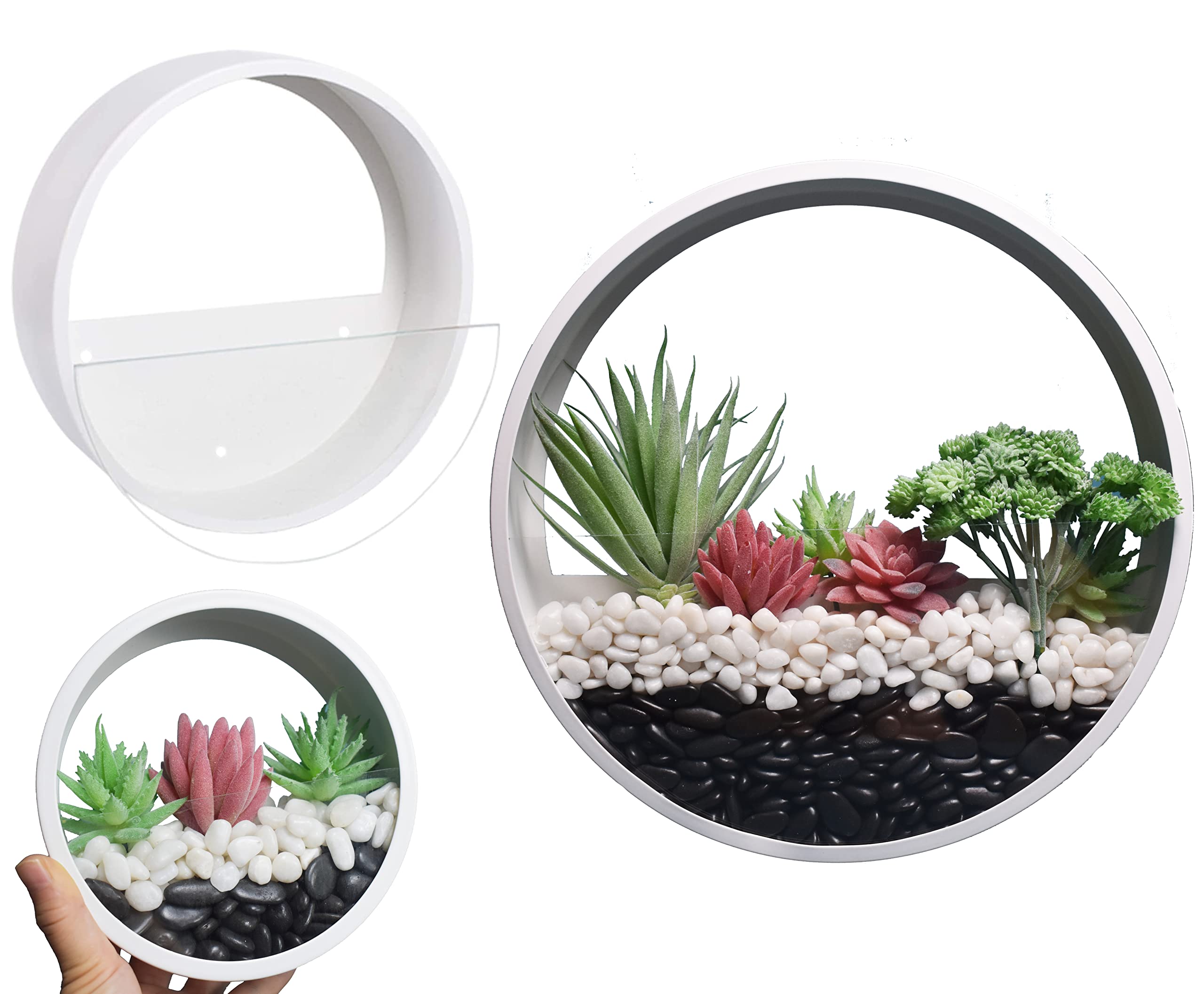 Set 3 Metal Glass Wall Vase, Wall Hanging succulent planter Round Modern Wall Decor for Planting Cactus, Succulent - White