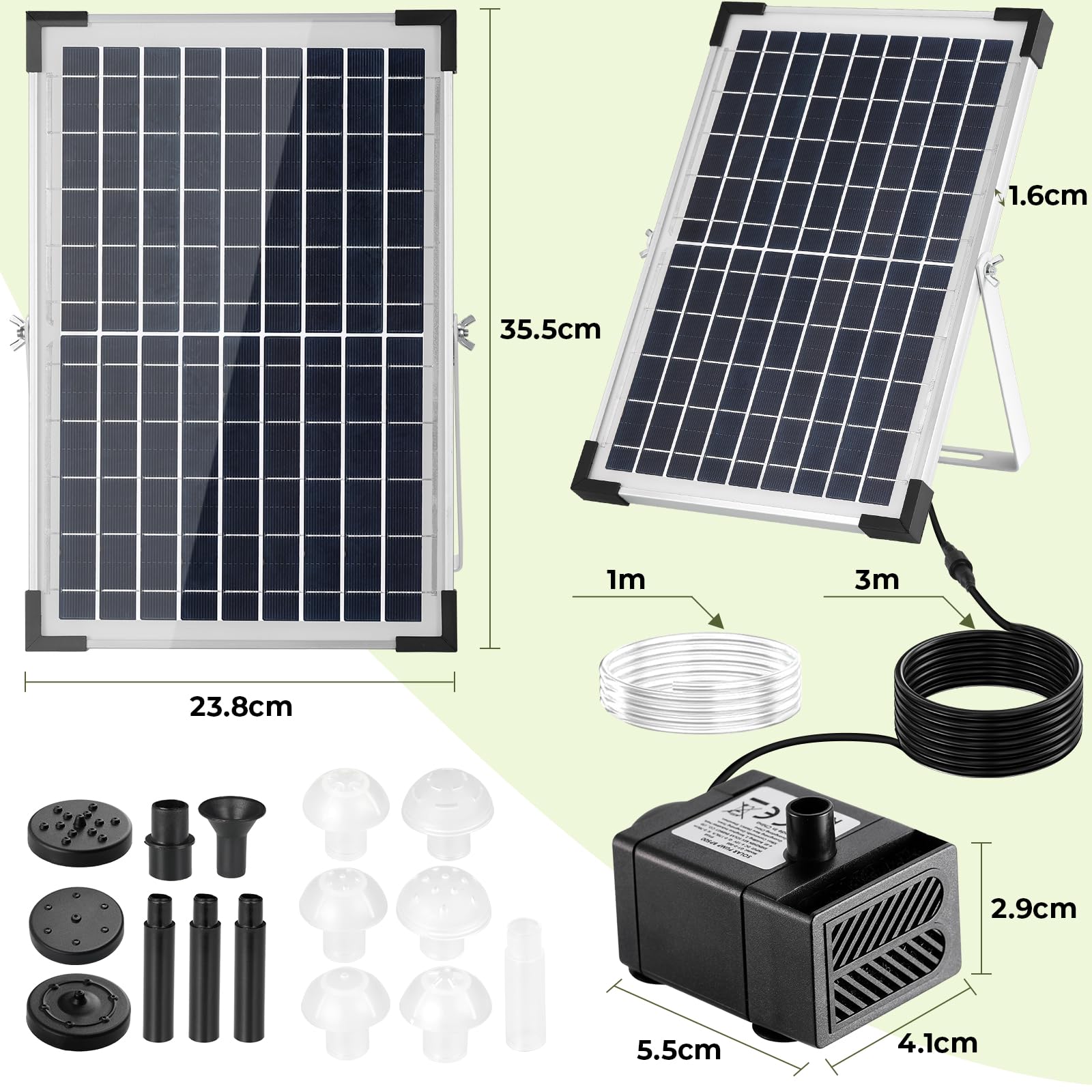 Clevich 10-12W Fontaine Solaire, Pompe à Eau Solaire, avec Tuyau d'eau de 1 m, Câble de 3,25 m, pour Bassins à Poissons, Petits Bassins, Cascades, Pots de Fleurs, Fontaines Décoratives