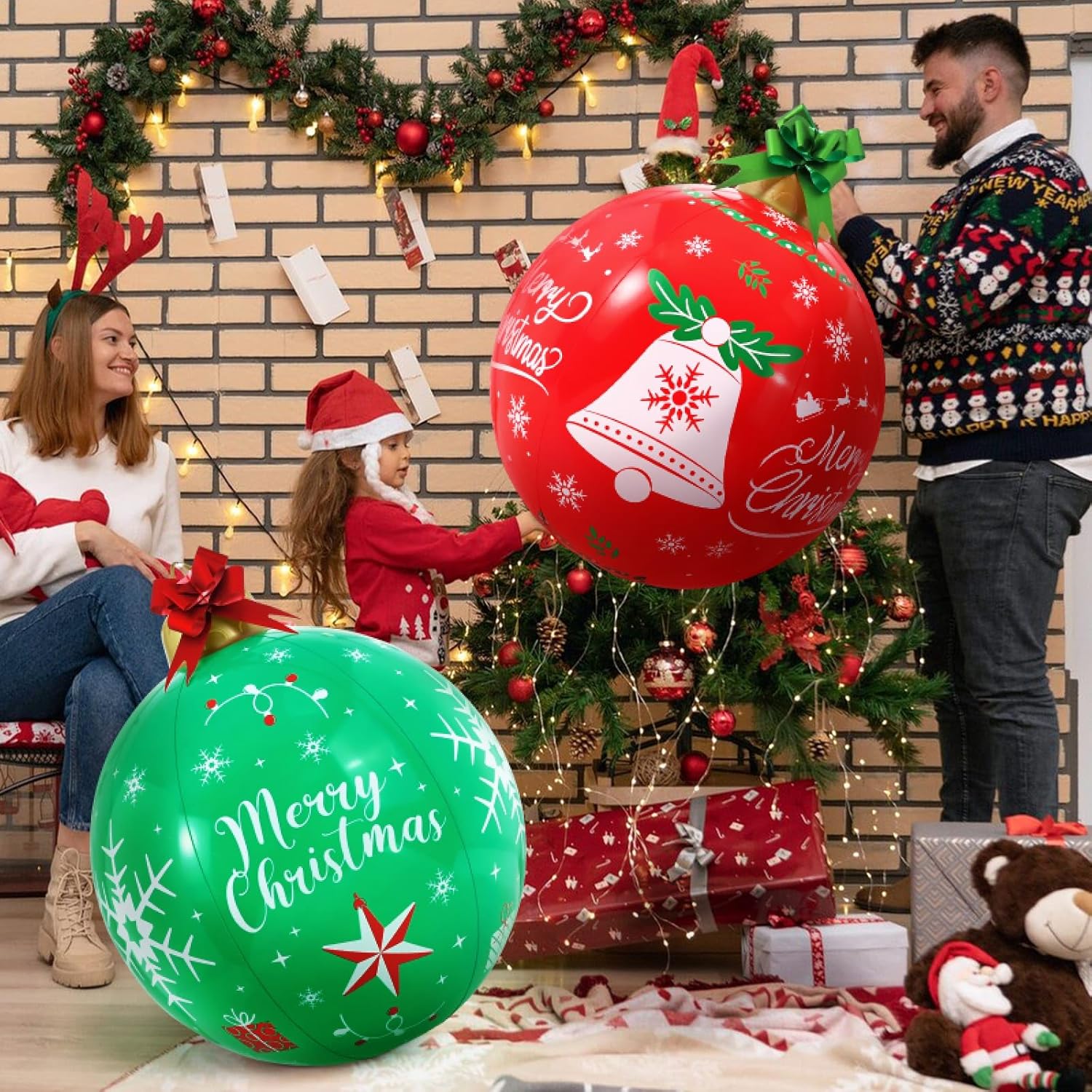 WENNSAI 2PCS Light Up Inflatable Christmas Balls 24'' Large PVC Blow Up Holiday Decorations with LED Lights & Remote Outdoor Yard, Lawn, Tree, Pool Ornaments for Xmas - Image 7