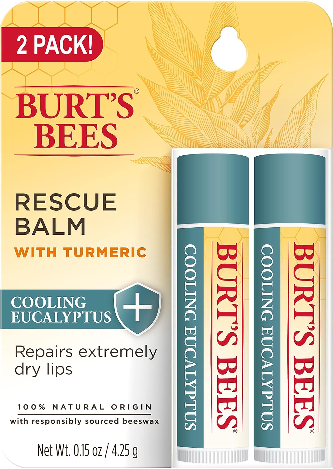 Burt's Bees Lip Balm, Rescue Lip Balm with Beeswax & Antioxidant-Rich Turmeric, Promotes Healing of Extremely Dry Lips, Cooling Eucalyptus, All Natural (2 Pack)