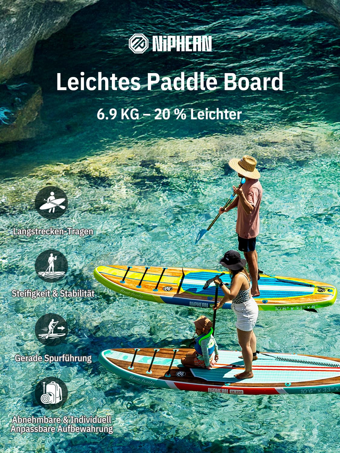 Niphean 320cm Stand Up Paddling Board, Ultraleicht SUP Board mit SUP Zubehör, Rutschfestem Deck, Tragbares Lite Paddle Board Ultimative Stabilität für Jugendliche&Erwachsene Langstreckenabenteuer