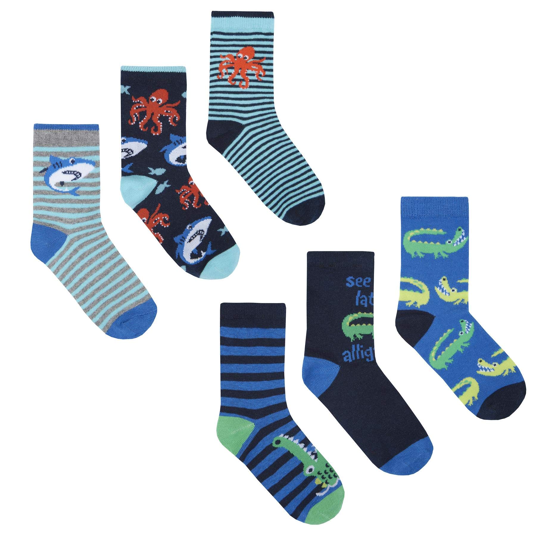 Sock Stack Boys Shark & Crocodiles Socks 6 Pairs Of Kids Dinosaur Football Space Gaming Cotton Rich Socks, 6-8