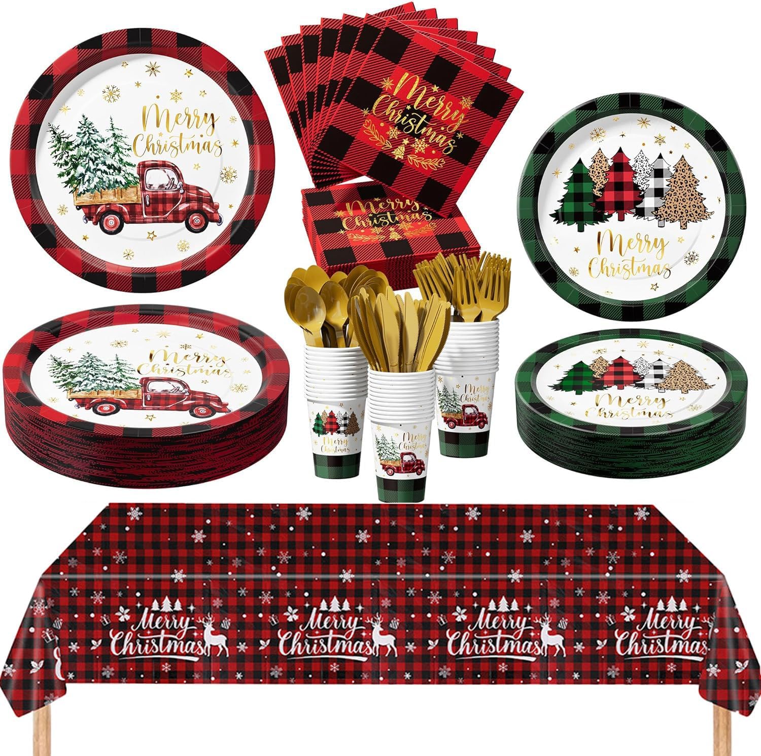 145 PCS Christmas Party Tableware Set for 24 Guest, Merry Christmas Party Tableware Set with