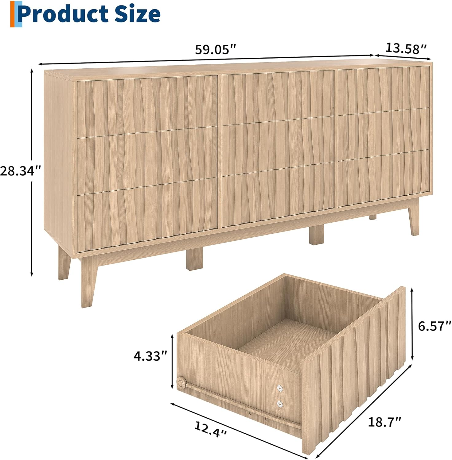 GarveeHome Fluted Dresser for Bedroom with 9 Drawers for Bedroom, Modern Fluted Chest of Drawers, Freestanding Wooden Storage Cabinet, TV Stand for Living Room, Entryway, Hallway