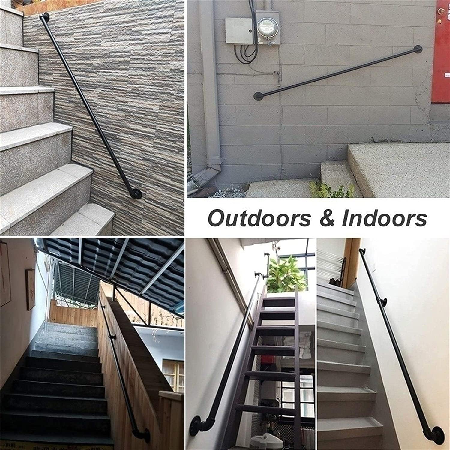 Staircase Handrail - (1ft - 20ft) Complete Kit, Wall Mount Industrial Wrought Iron Pipe Banister - Metal Railing Non-Slip Stairs Grab Bar - Indoor & Outdoor Porch Deck Hand Rail