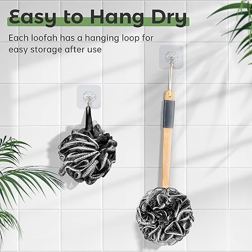 Miniatura 5 de Esponja de ducha con asa, paquete de 4 esponjas de malla suave de polietileno con mango de madera, esponja de lufa para baño en un palo con soporte