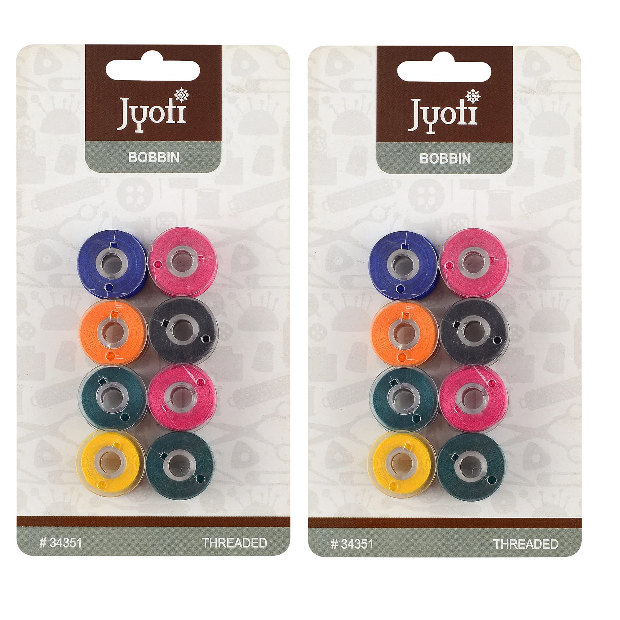 JYOTI Bobbin with Thread for Domestic Sewing Machine (8 Bobbins of Plastic Material in a Card) - Pack of 2 Cards,Colored,Standard
