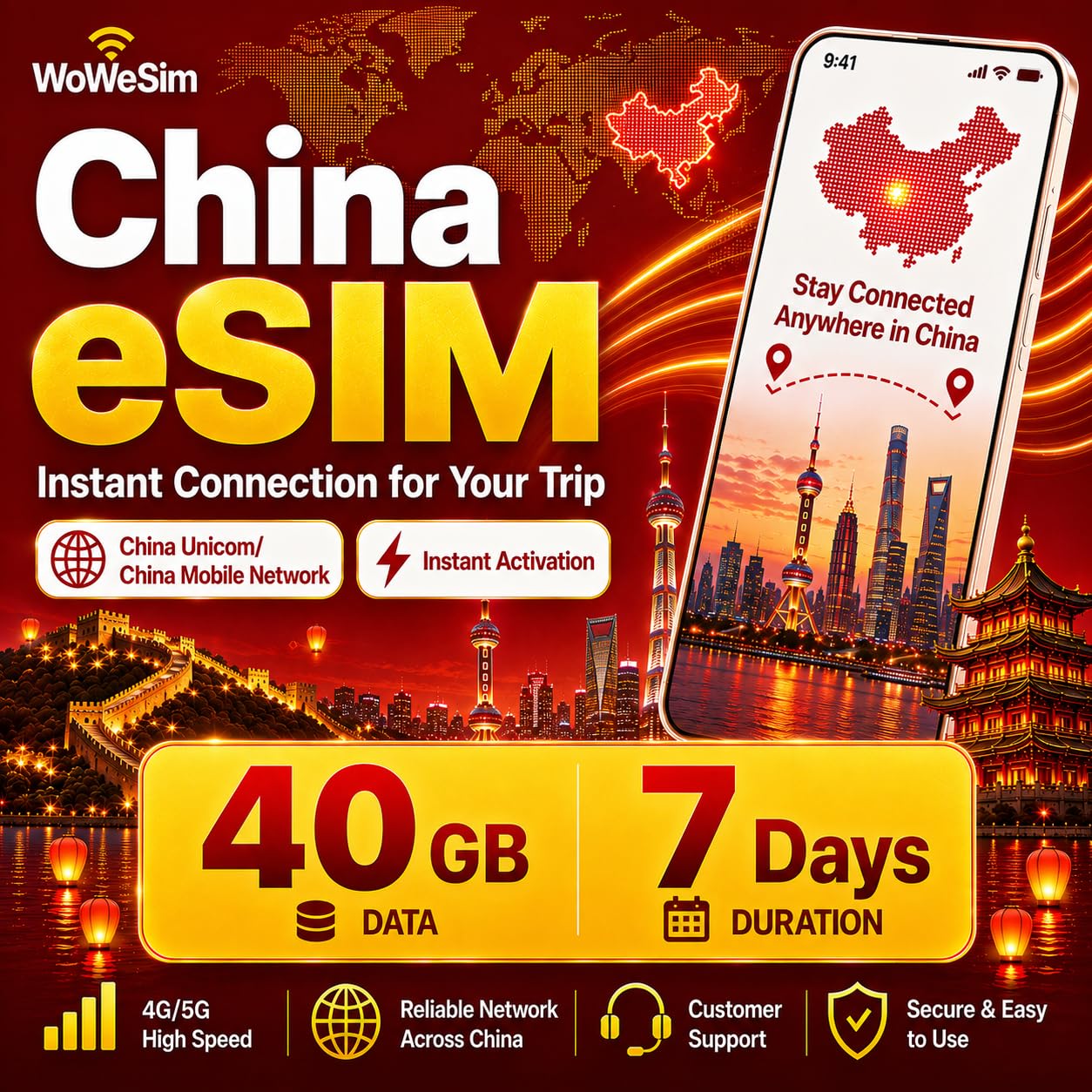 China eSIM 40GB - 7 Days 5G LTE Hotspot No Physical SIM