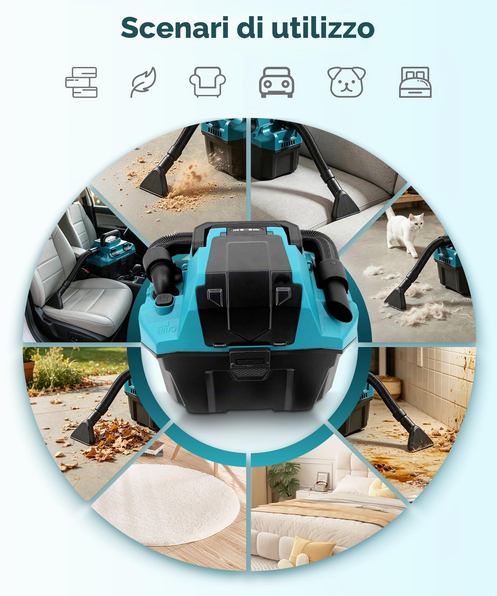 Aspirapolvere a batteria per bagnato e asciutto, 11 l, portatile con motore a spazzole, potenza di aspirazione 16 KPa, 200 W, aspirapolvere industriale senza fili per officina, auto, garage e casa