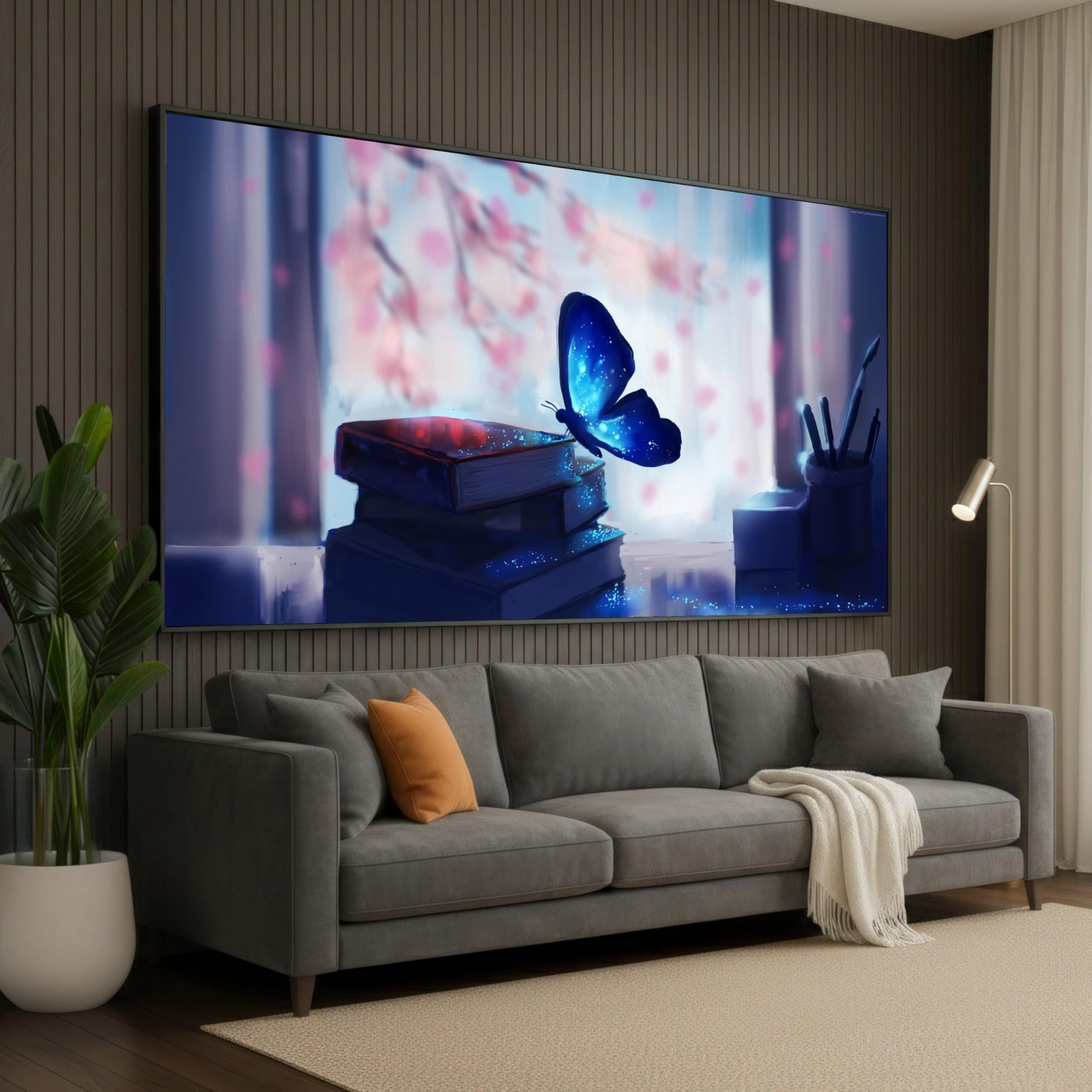 XINBAO Mariposa azul, lienzo de pila de libros, arte mural de fantasía, decoración de estudio de ensueño, lienzo de naturaleza mística (80 x 140 cm/marco interior)