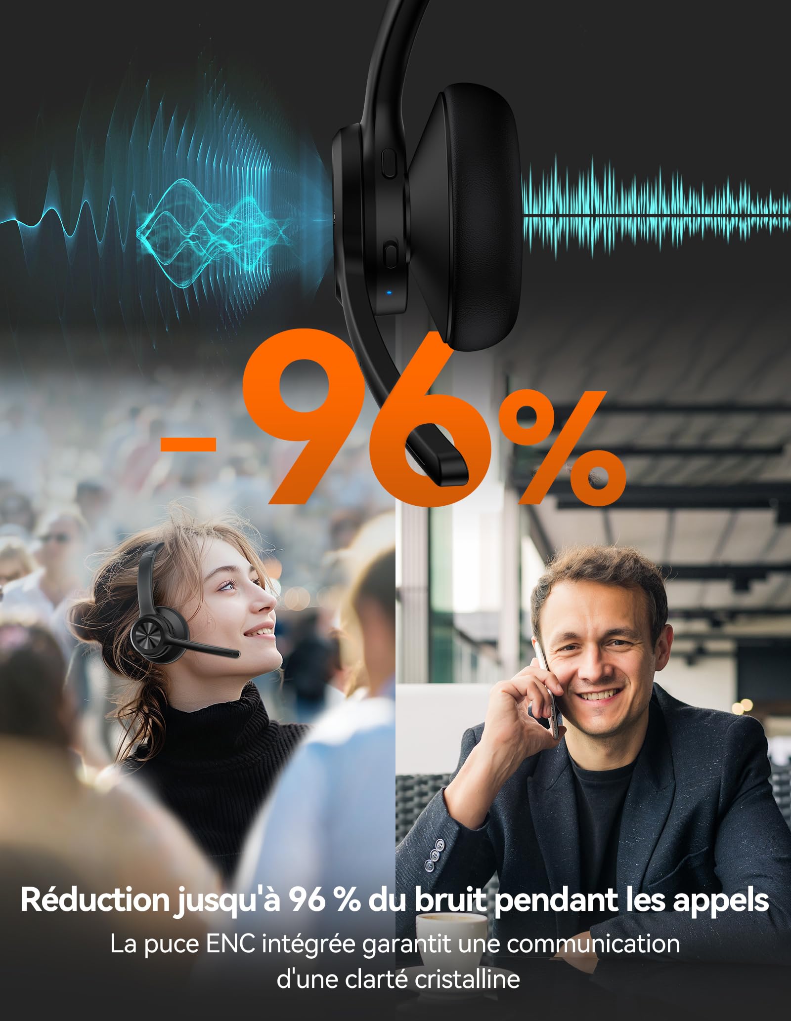 TECKNET Écouteurs Bluetooth V5.2 avec Microphone, sans Fil, avec réduction de Bruit et Coupure du Microphone, Rechargeables, Supra-Auriculaires, pour Chauffeurs Routiers, centres d'appels et Bureaux