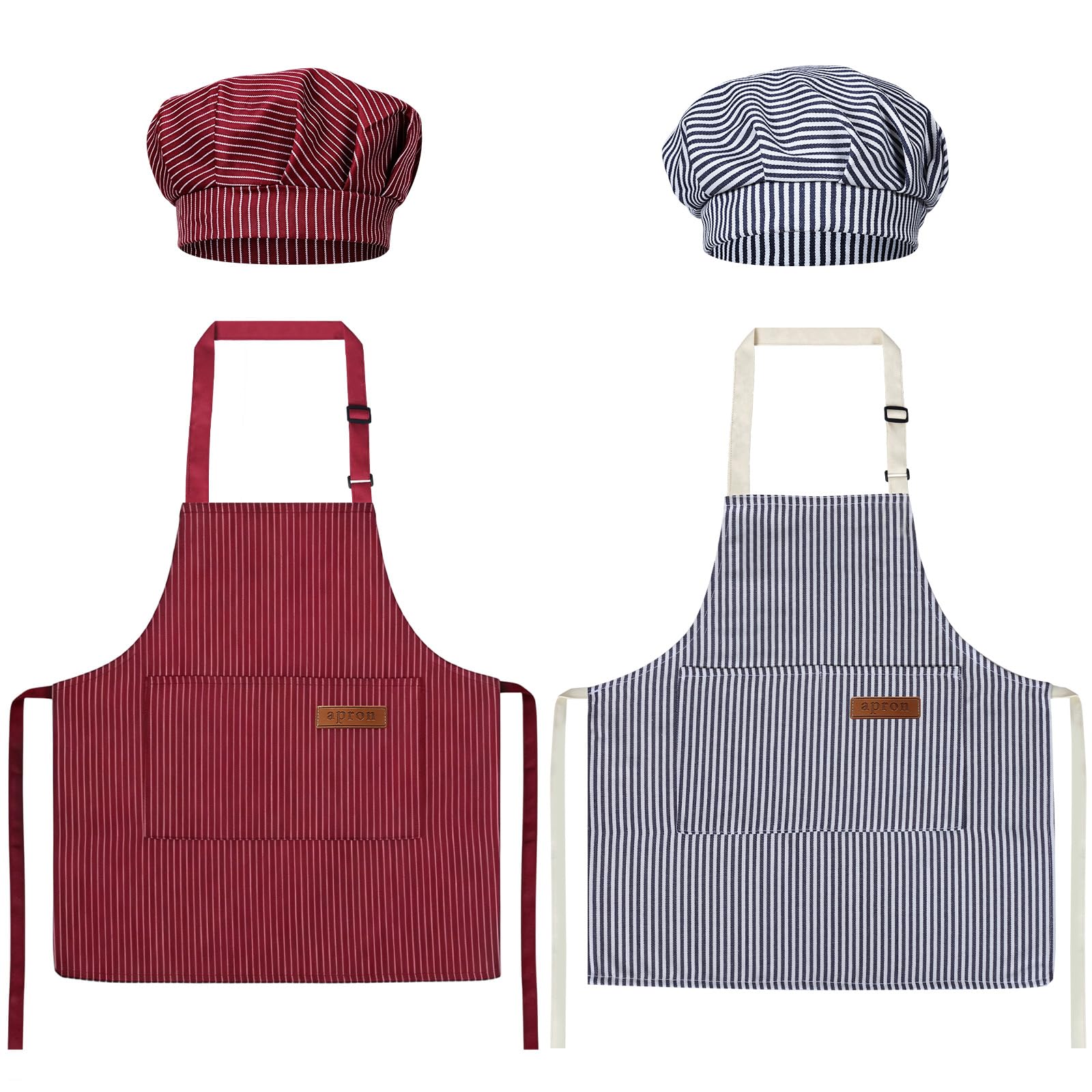 DASHUAIGE 2 Pack Stripes Kids Aprons with Chef Hat, Kid Cooking Apron with 2 Pockets, Cute Adjustable Aprons for Cooking for Baking Art (Blue, Red, 45x50cm)