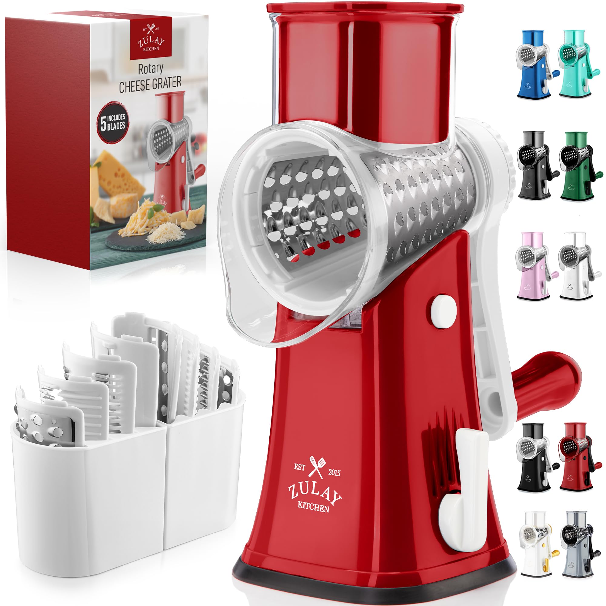 Rotary Cheese Grater Manual Hand Crank 5 Blade Shredder, White &amp; Red