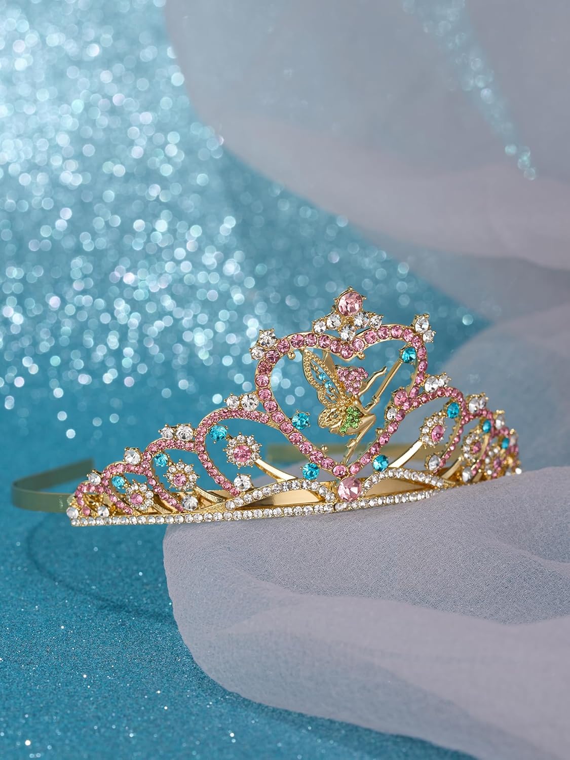 SWEETV ティアラ、小さな女の子向け、フラワーフェアリー用プリンセスゴールドクラウン、TinkerBell子供用ヘアピース、幼児