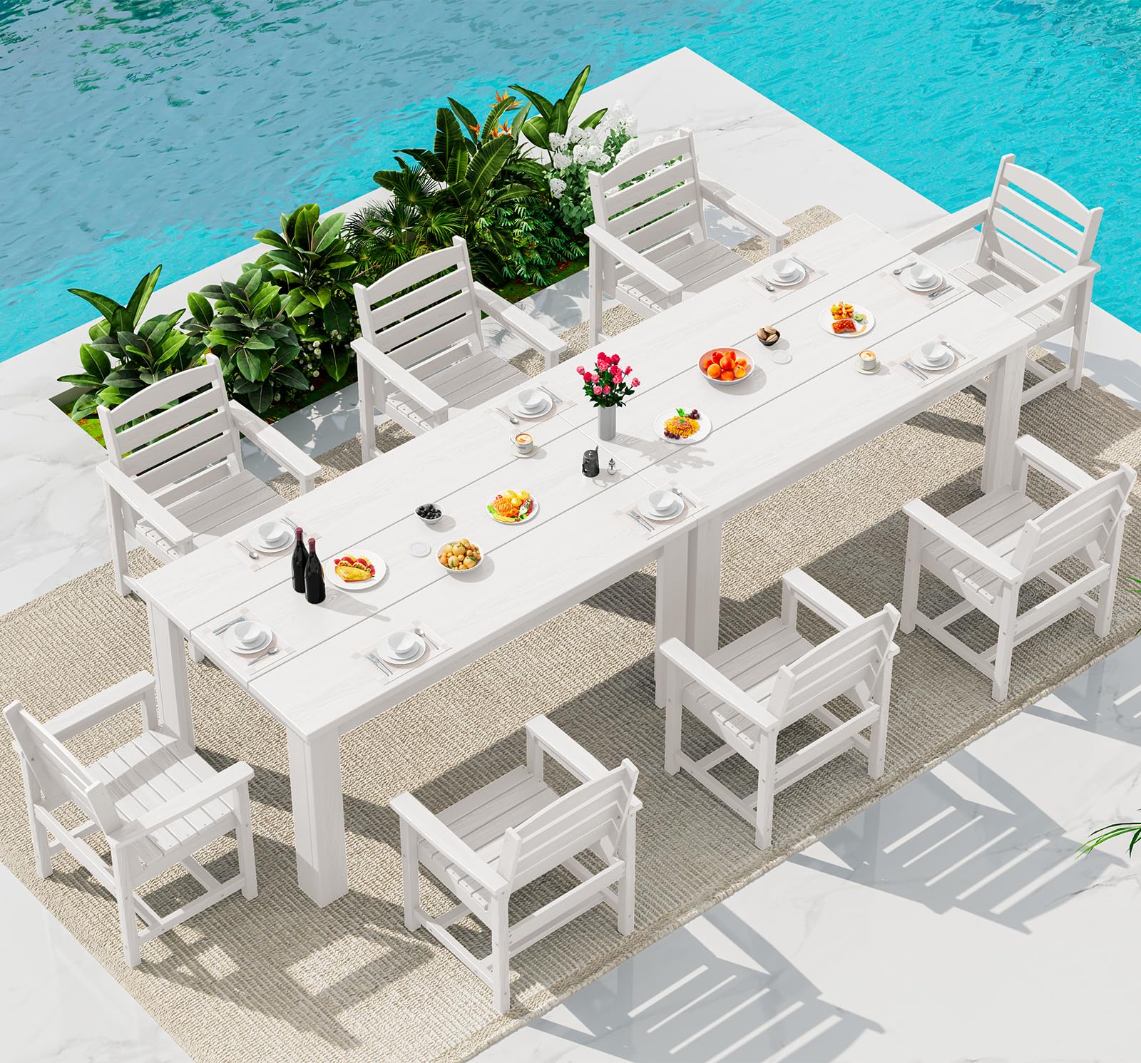 SERWALL Patio Dining Set for 8, w/ 2 Tables &amp; 8 Armchairs, White